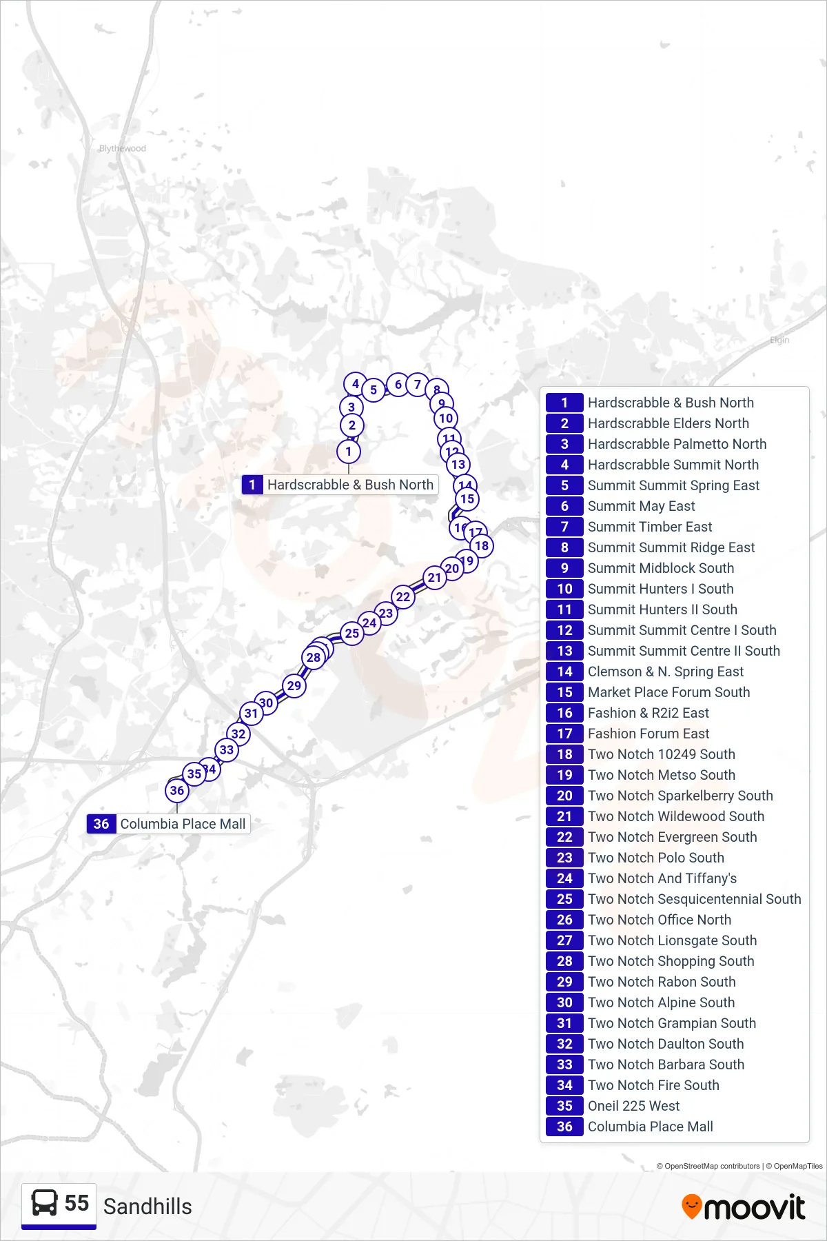55 bus Line (Columbia Place Mall Superstop Via Two Notch) route and stops on a map