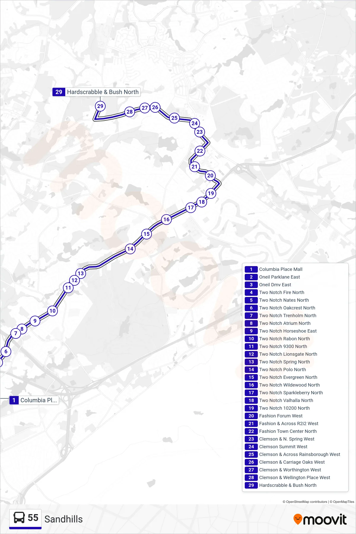 55 bus Line (Hardscrabble Rd. / Village at Sandhills / Clemson Rd.) route and stops on a map