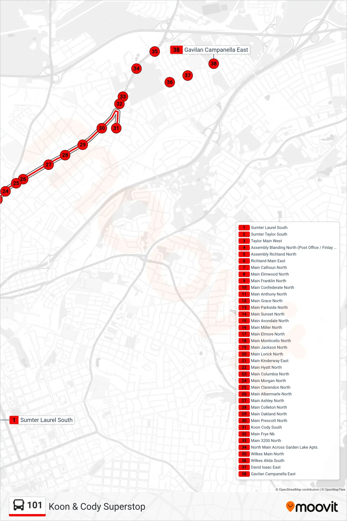 101 bus Line (Koon & Cody Superstop) route and stops on a map