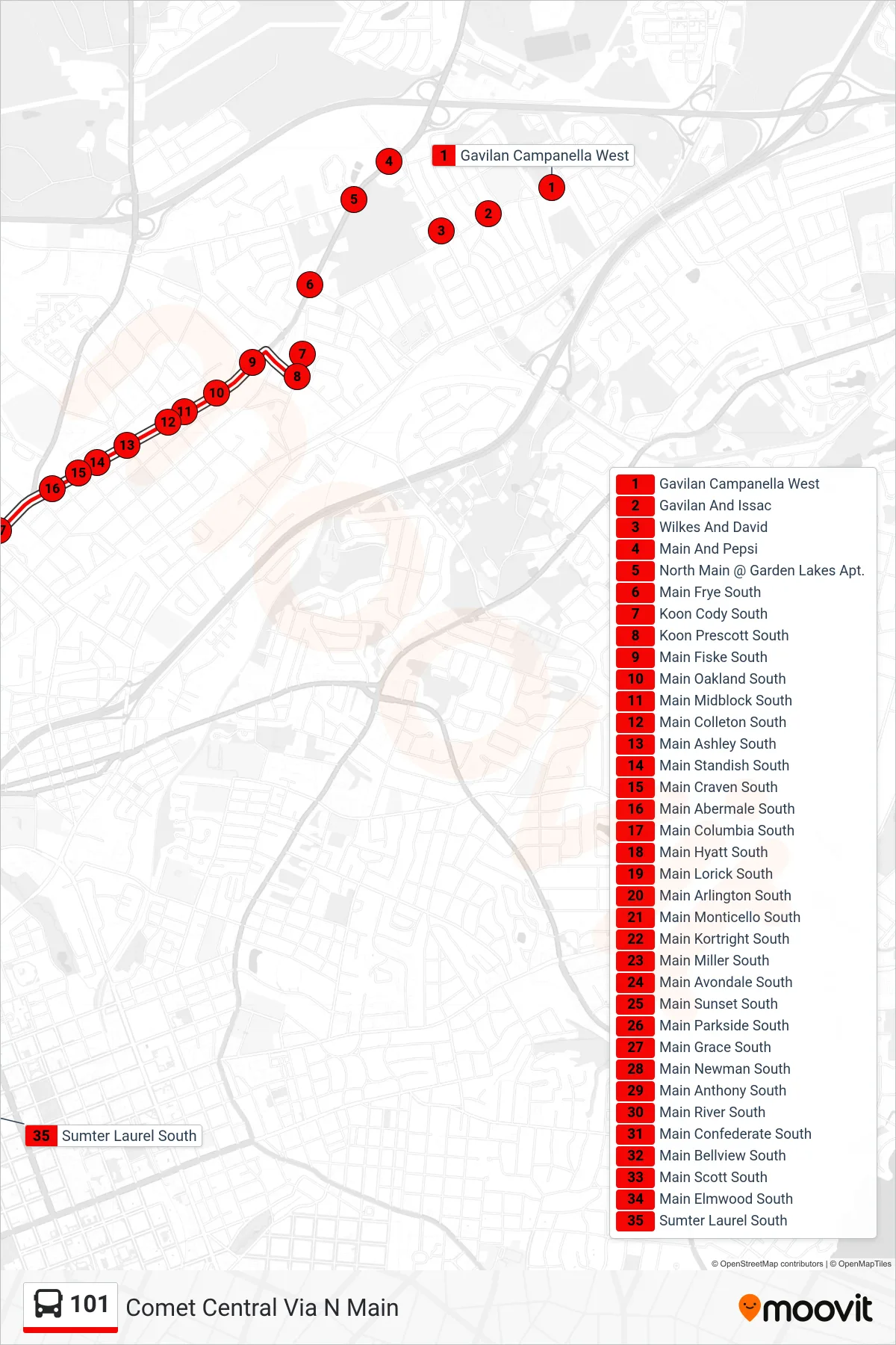 101 bus Line (Comet Central Via N Main) route and stops on a map