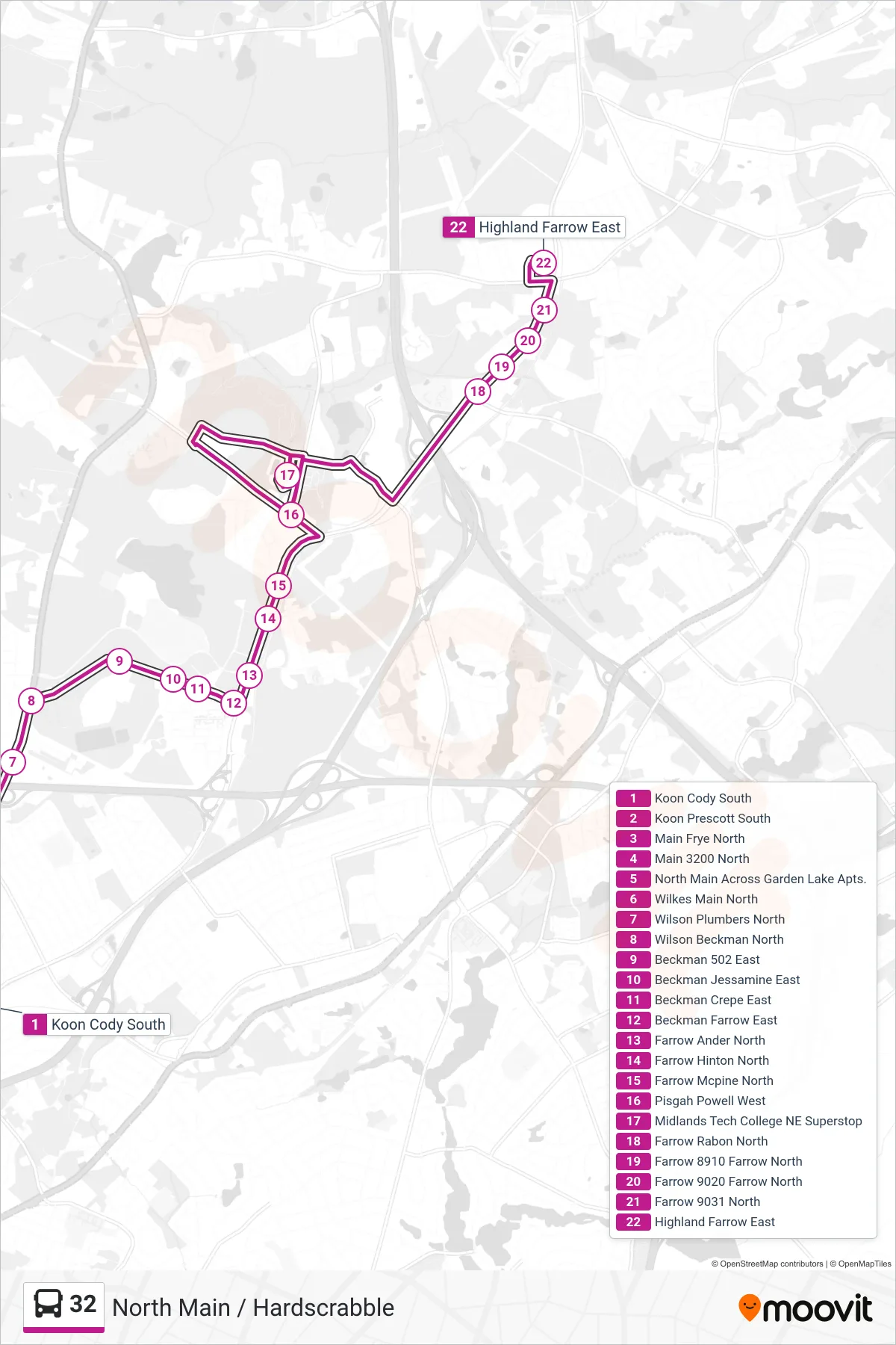 32 bus Line (Highland Center) route and stops on a map
