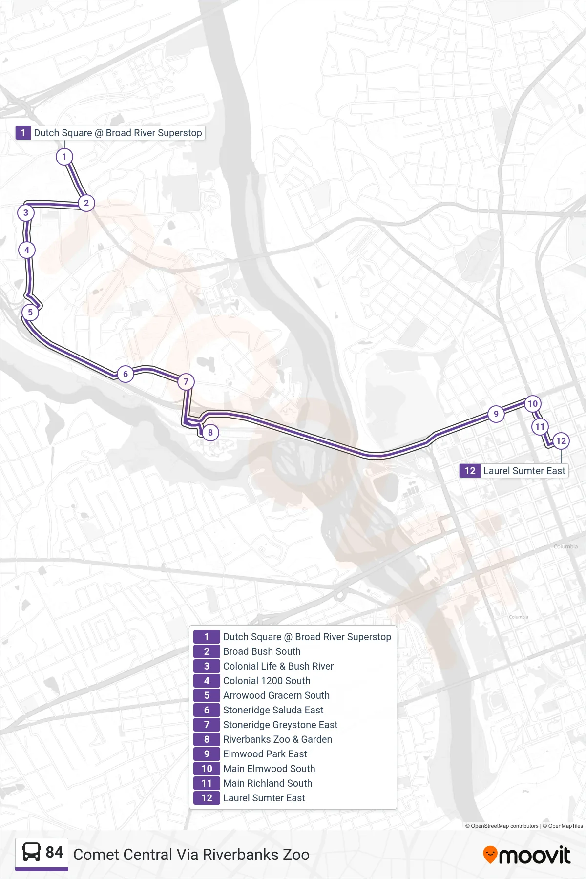 84 bus Line (Comet Central Via Riverbanks Zoo) route and stops on a map