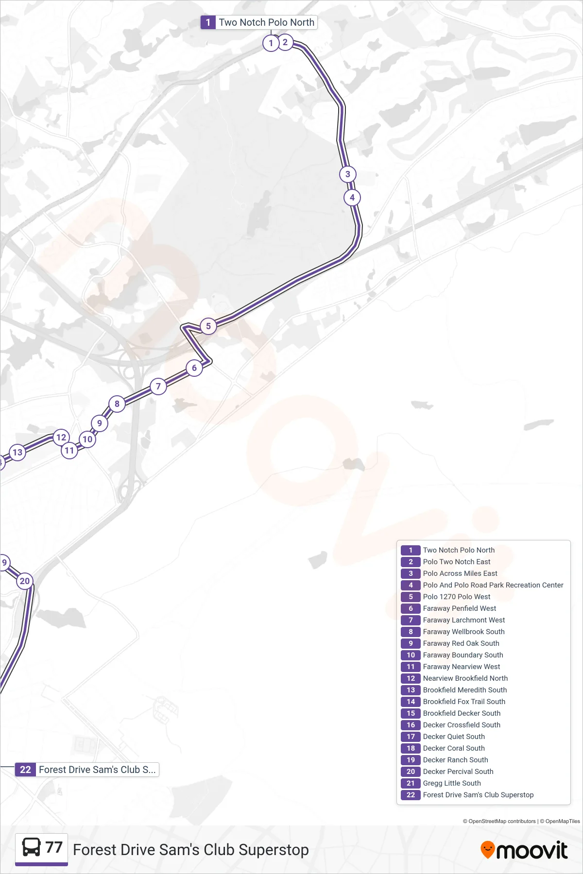 77 bus Line (Forest Drive Sam's Club Superstop) route and stops on a map