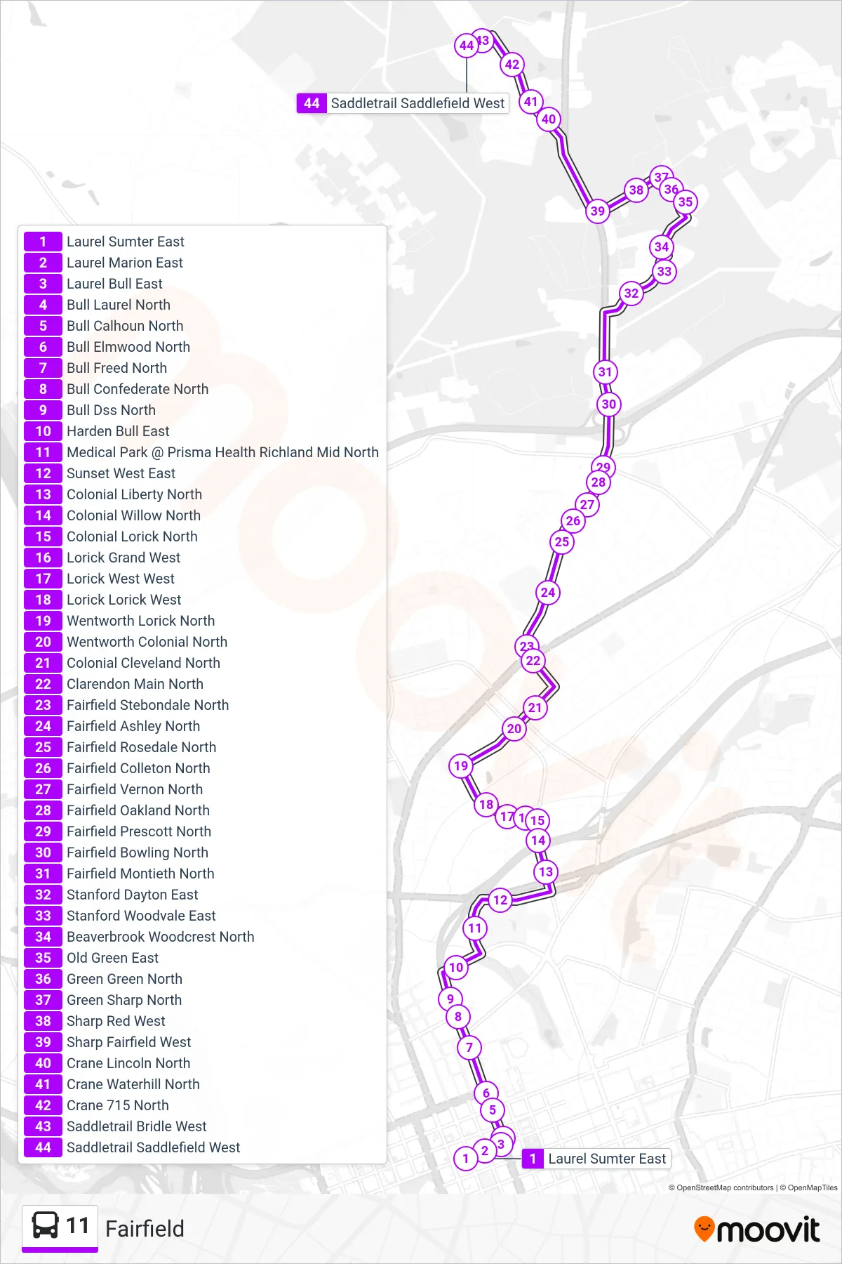 11 bus Line (Colonial Heights / Fairfield Rd.) route and stops on a map