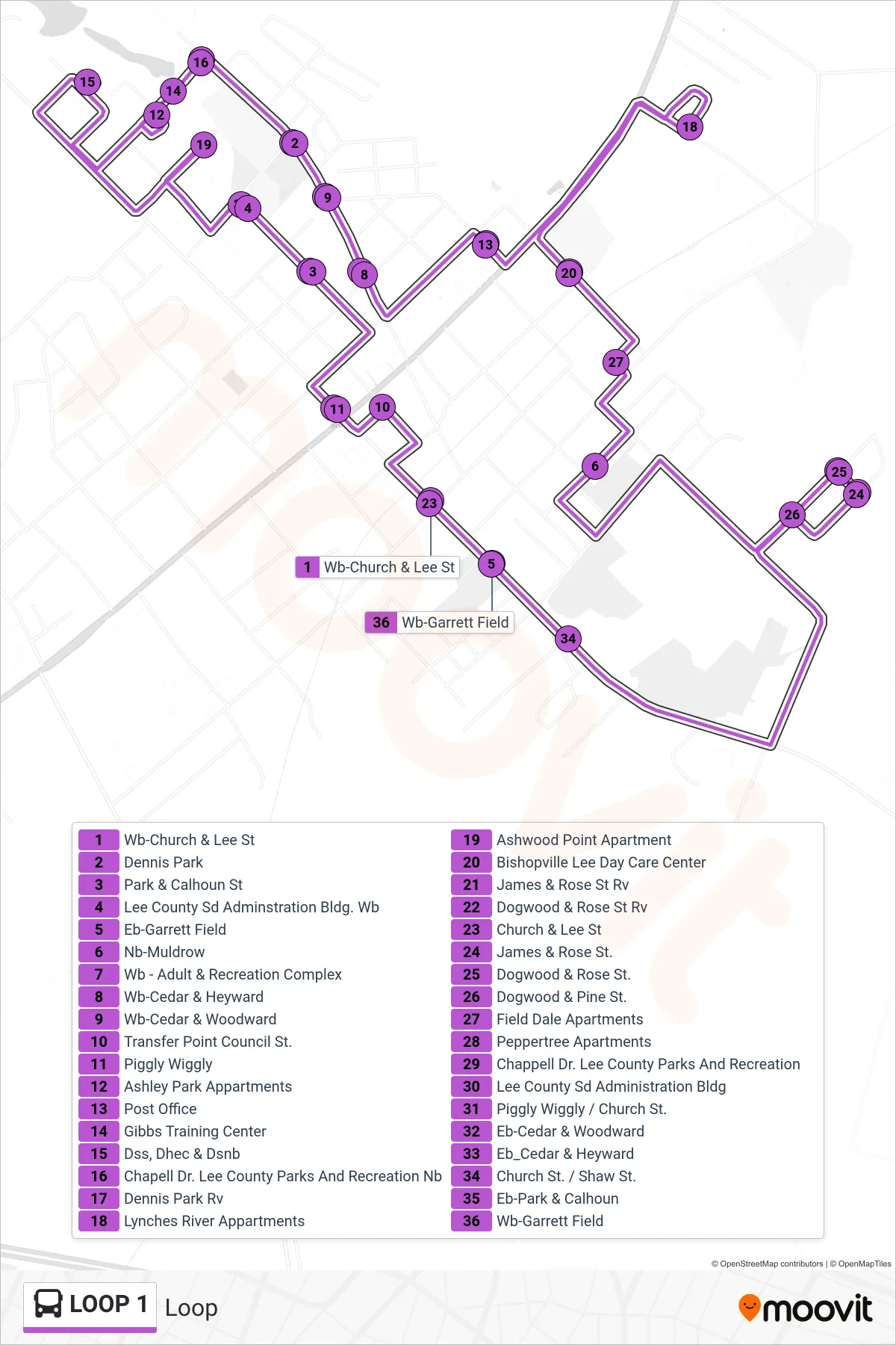 LOOP 1 bus Line (Loop) route and stops on a map