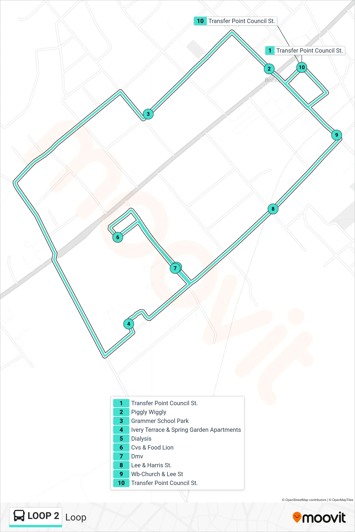 LOOP 2 bus Line (Loop) route and stops on a map