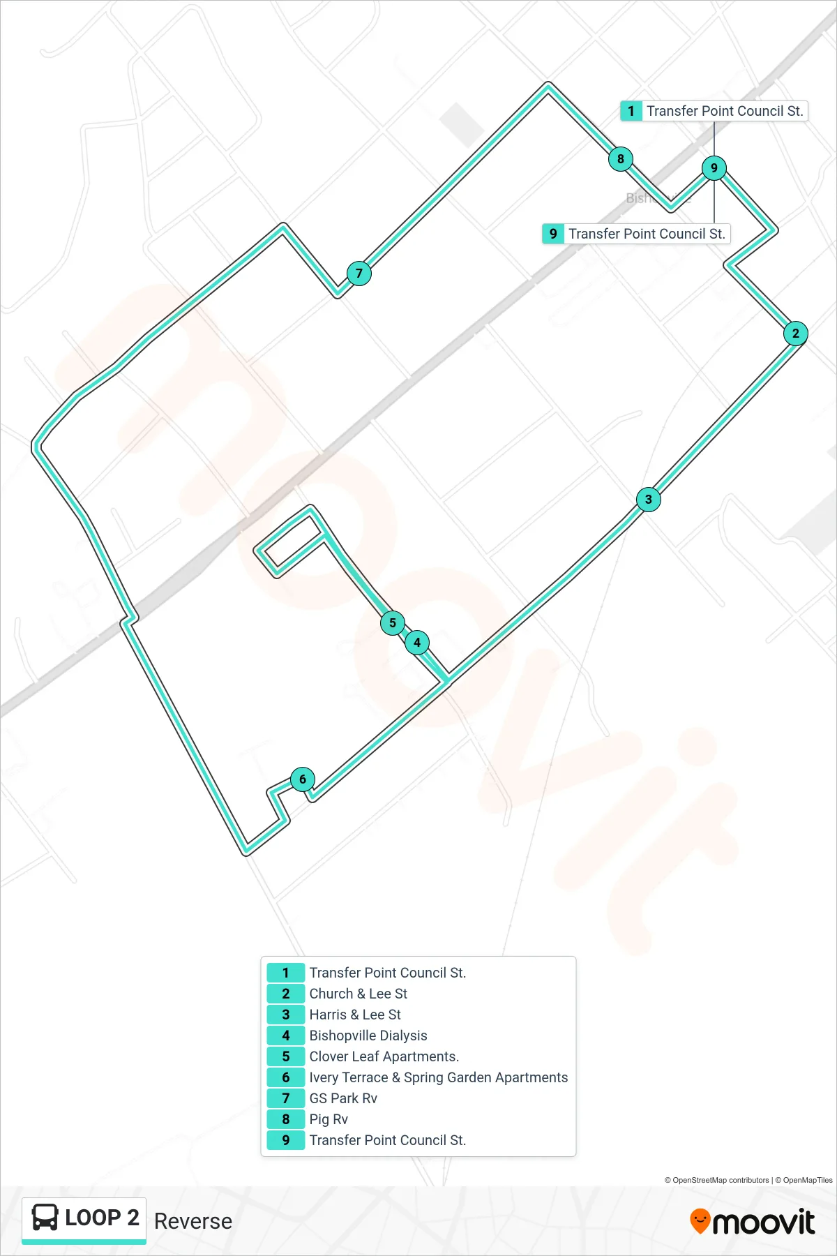 LOOP 2 bus Line (Reverse) route and stops on a map