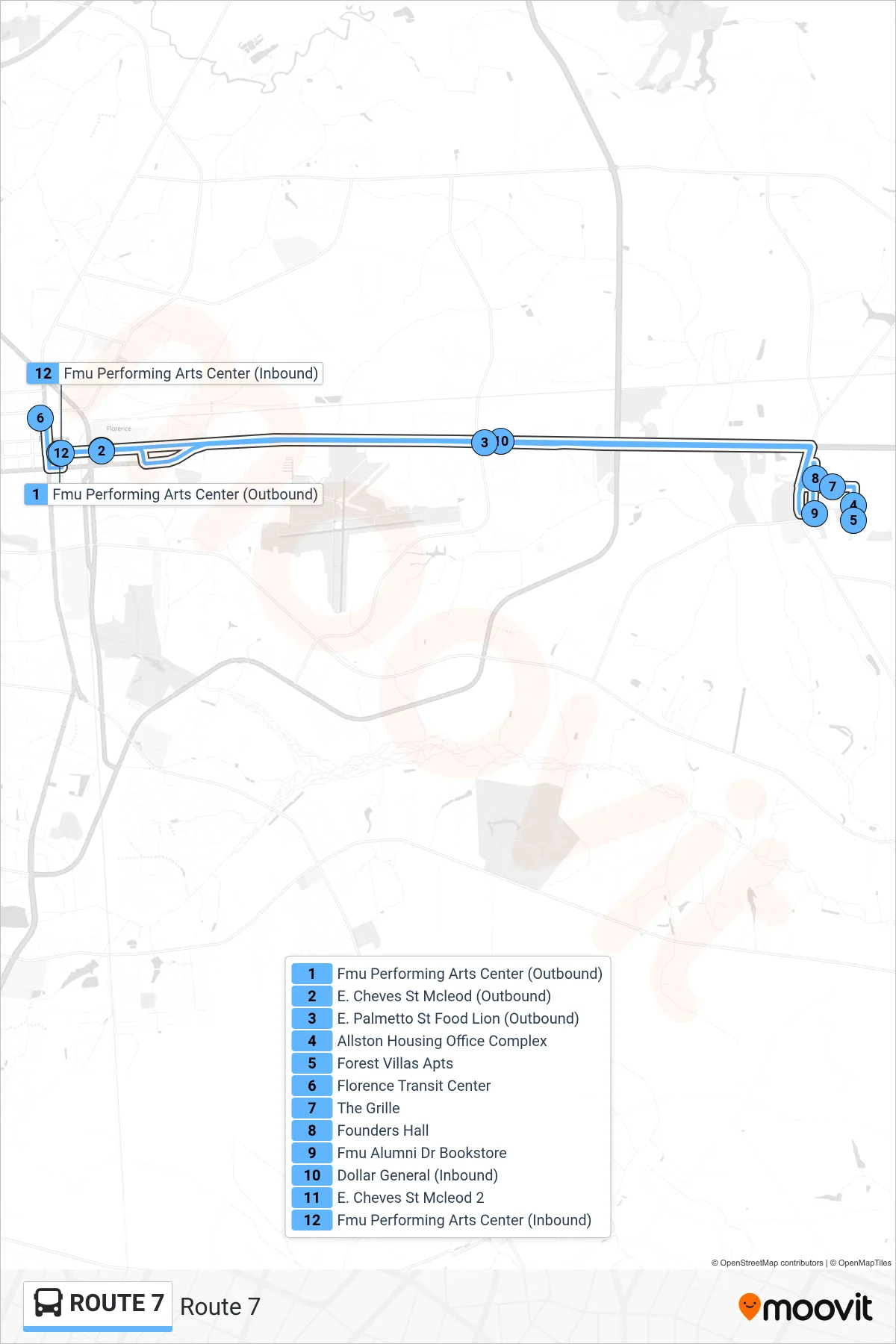 ROUTE 7 bus Line (Route 7) route and stops on a map