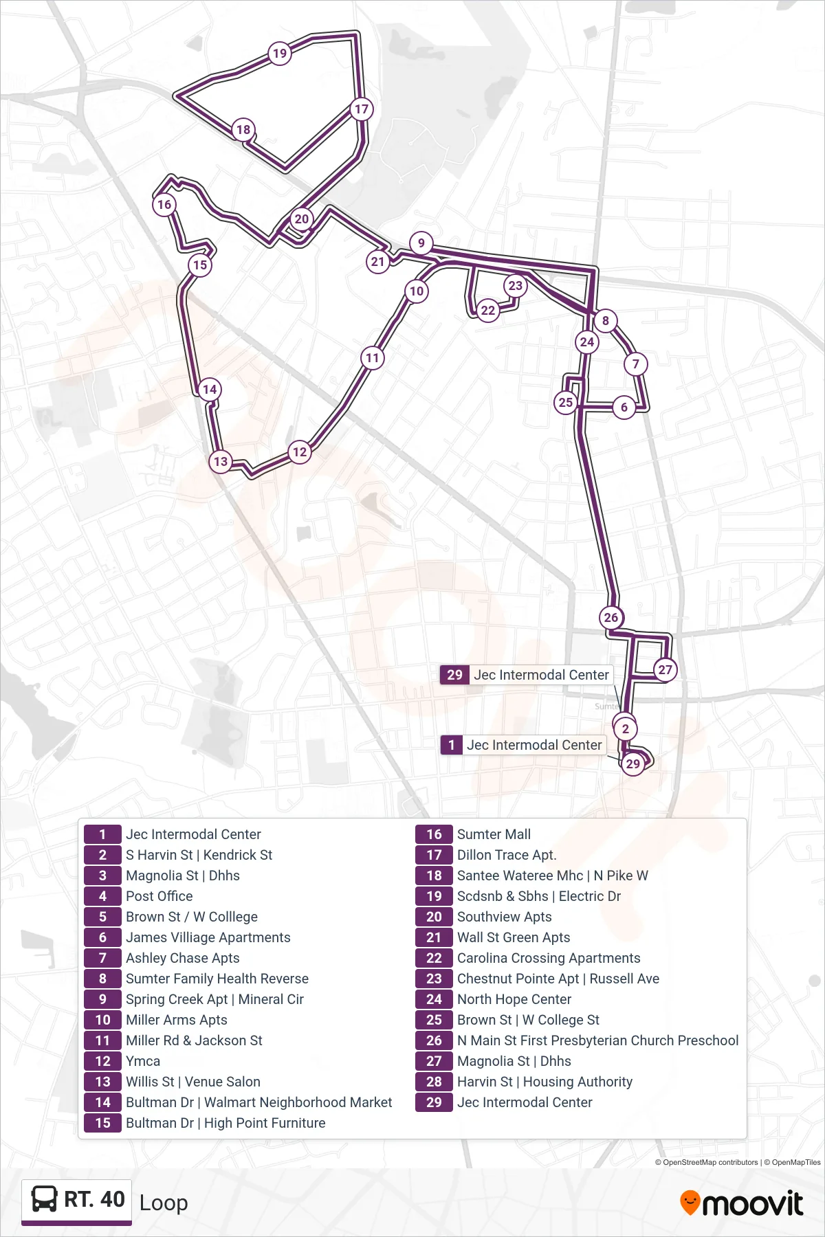 RT. 40 bus Line (Loop) route and stops on a map