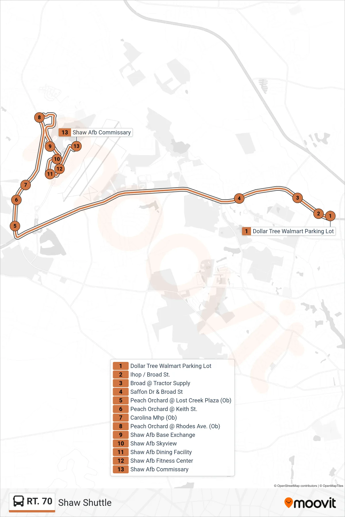 RT. 70 bus Line (Westbound) route and stops on a map