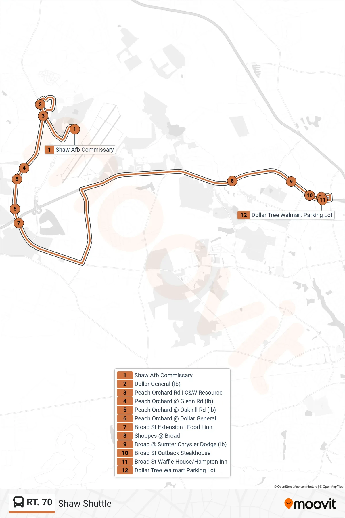 RT. 70 bus Line (Eastbound) route and stops on a map