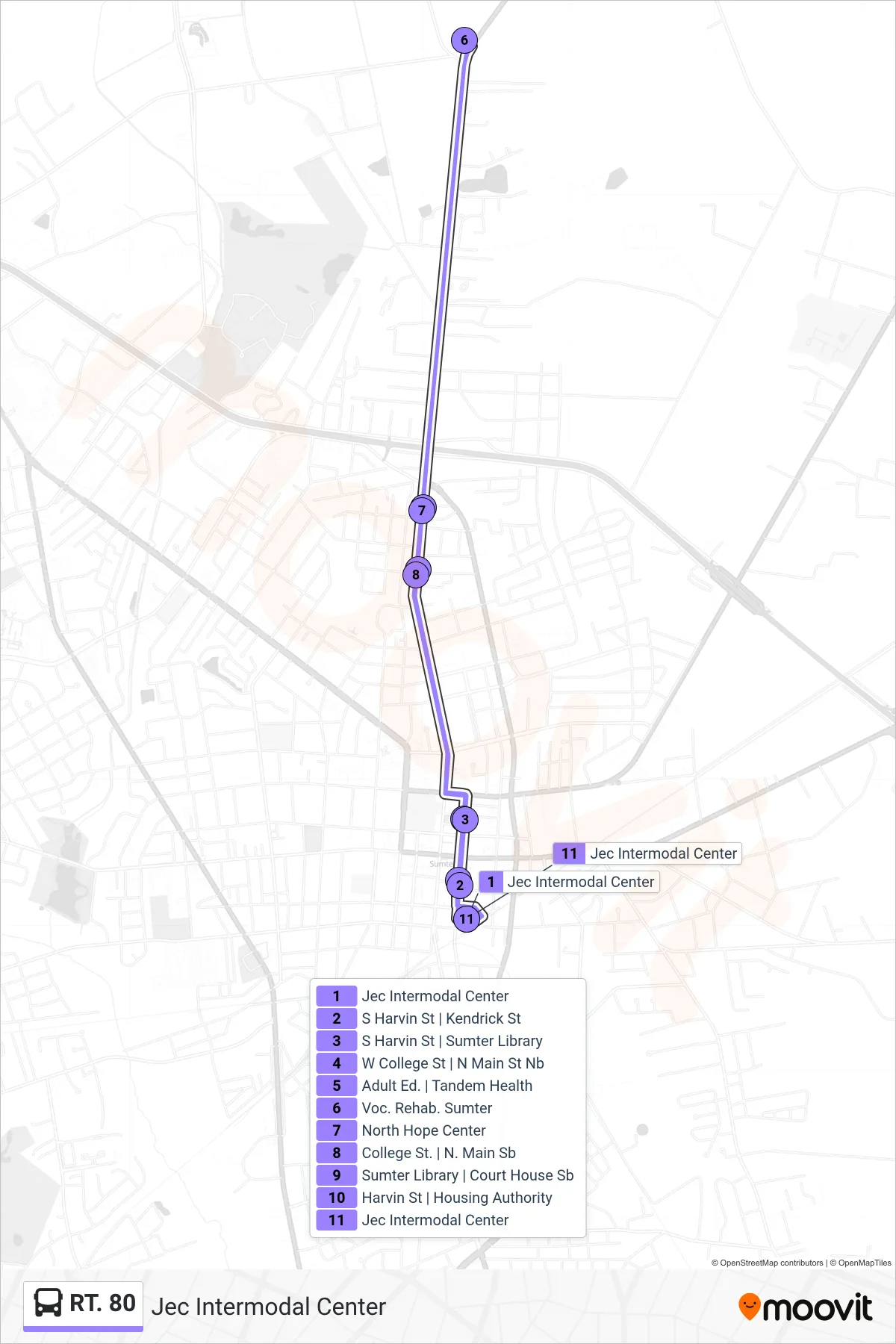 RT. 80 bus Line (Jec Intermodal Center) route and stops on a map