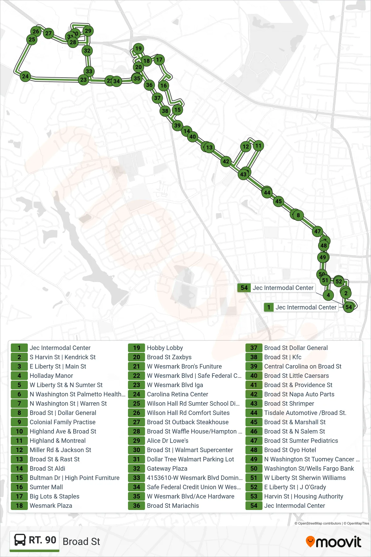RT. 90 bus Line (Loop) route and stops on a map