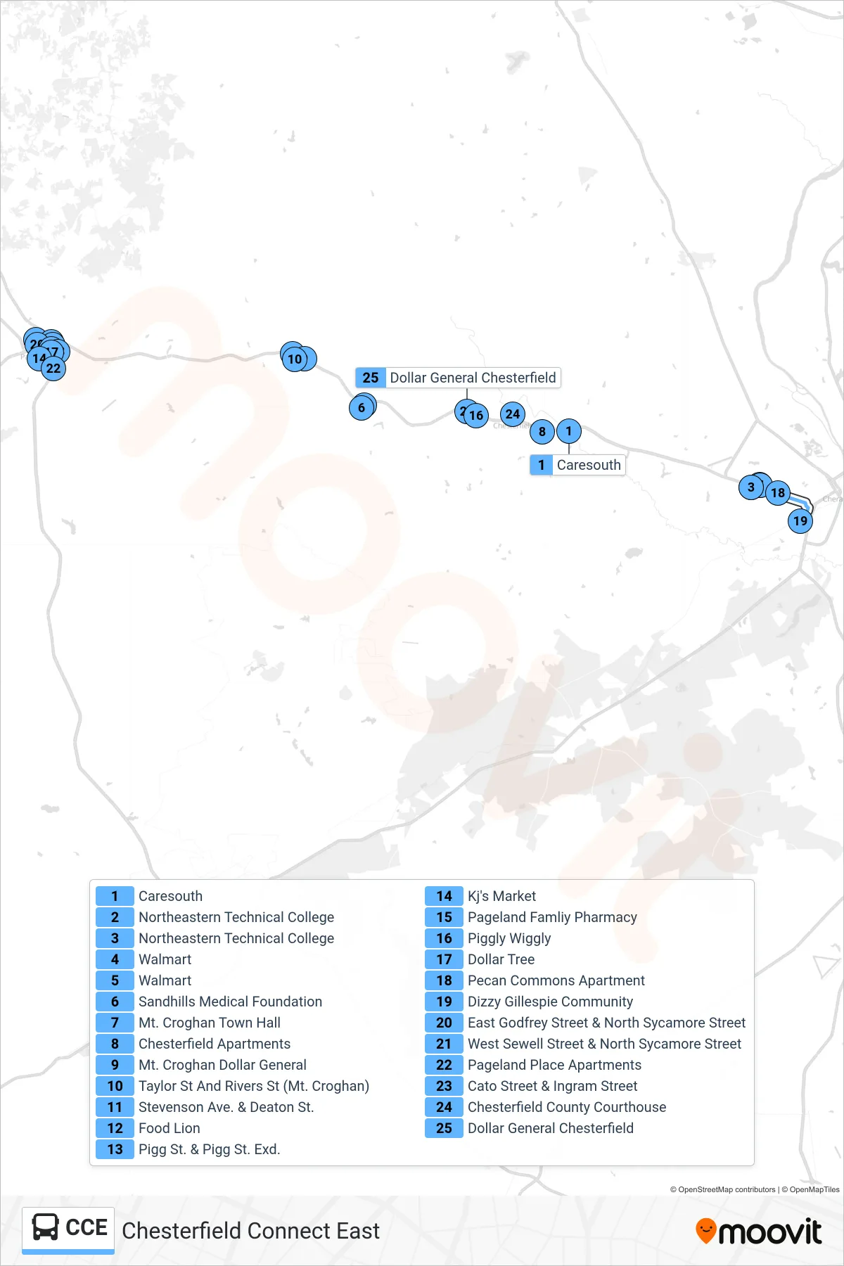 CCE bus Line route and stops on a map