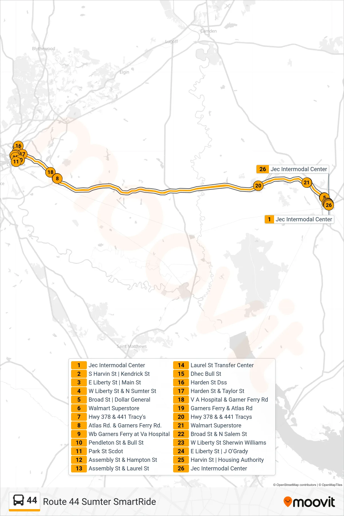 44 bus Line (Loop) route and stops on a map