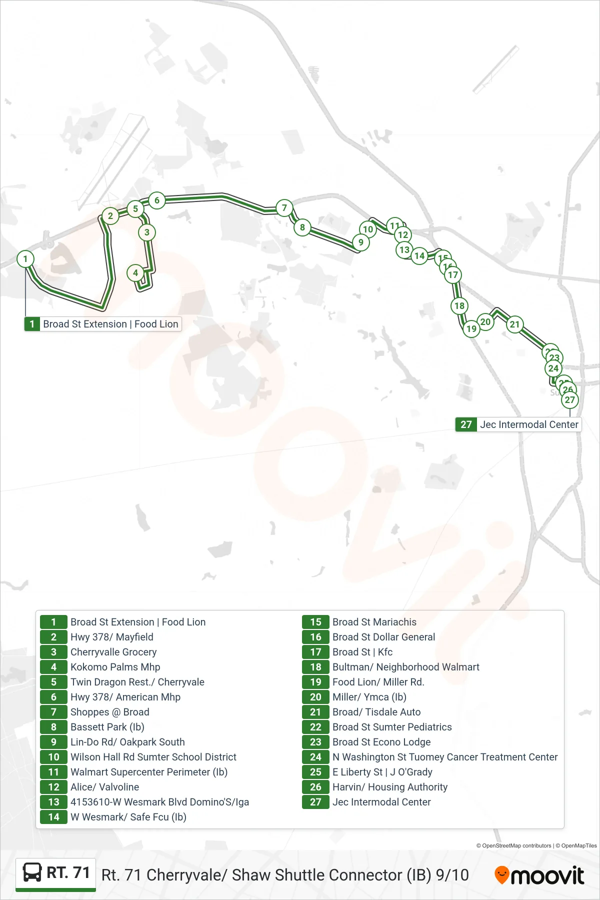 RT. 71 bus Line (Eastbound) route and stops on a map