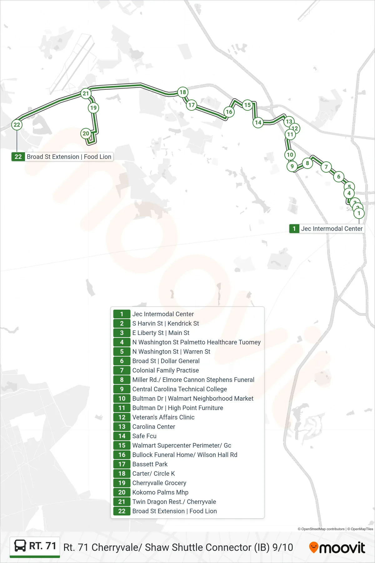 RT. 71 bus Line (Westbound) route and stops on a map