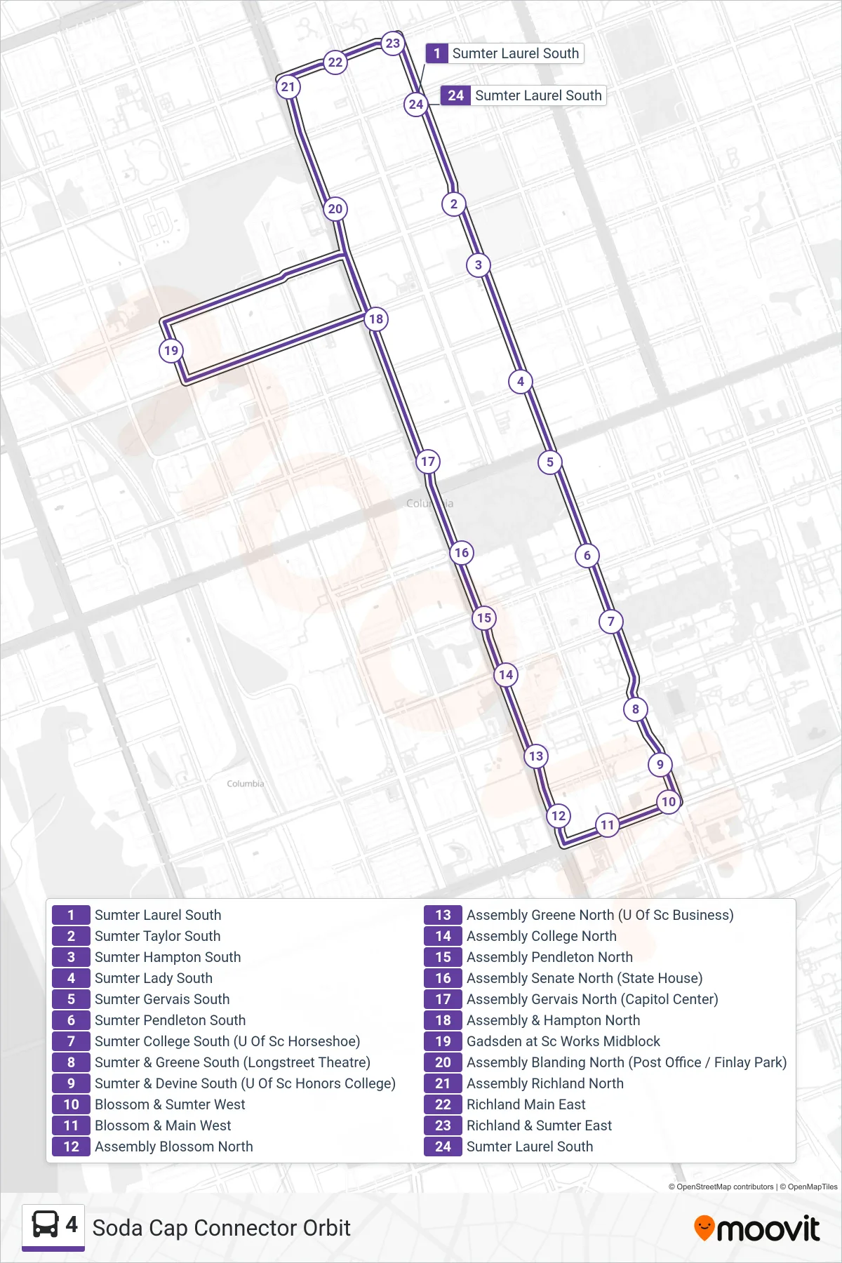 4 bus Line (Downtown Orbit) route and stops on a map