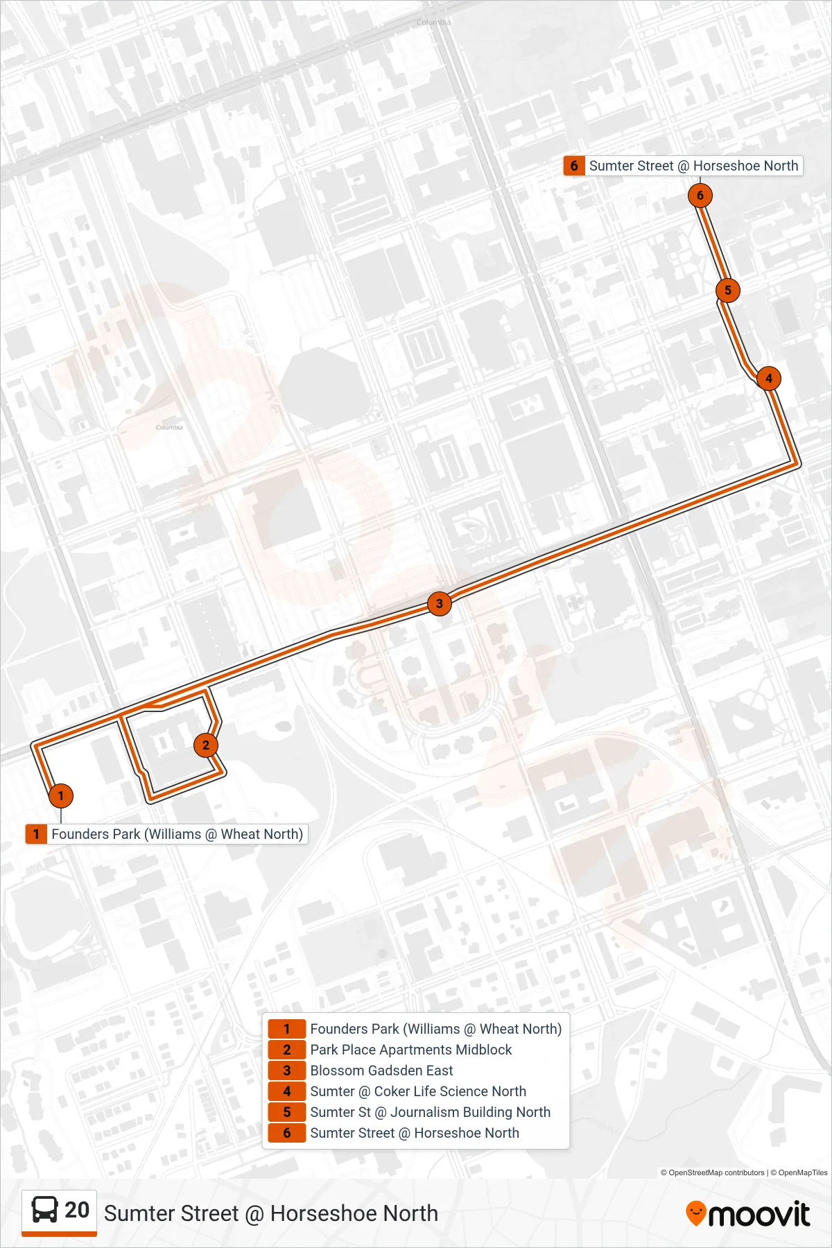 20 bus Line (Sumter Street @ Horseshoe North) route and stops on a map