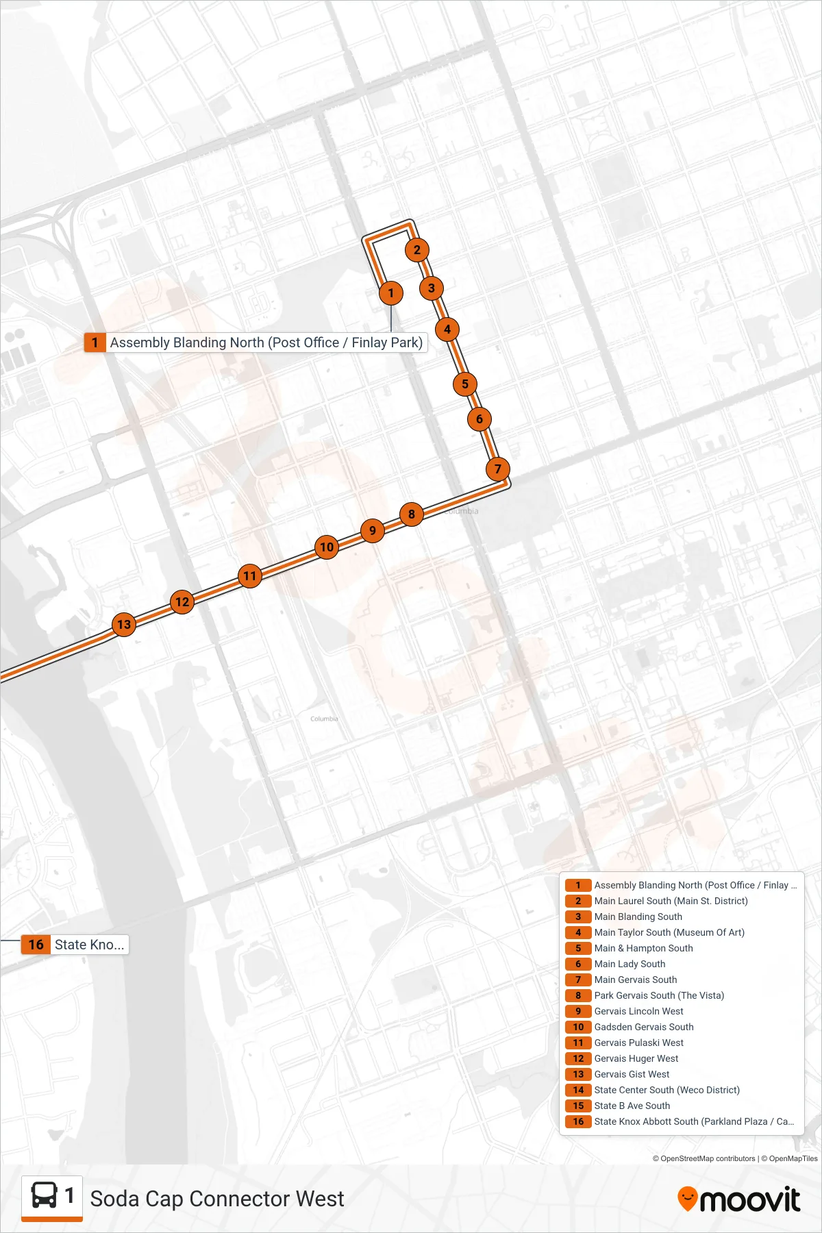 1 bus Line (The Vista / Main Street) route and stops on a map