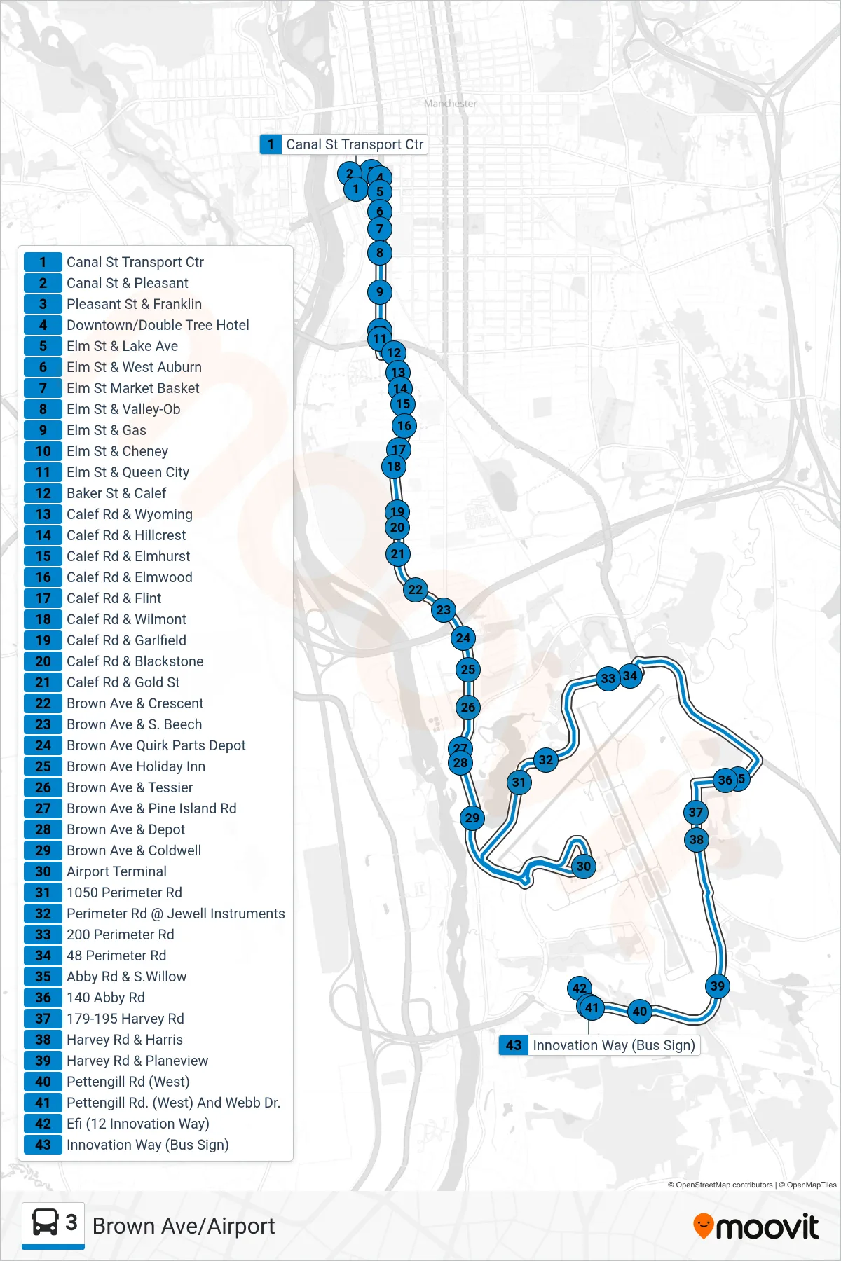 3 bus Line (Airport Via Brown Ave) route and stops on a map