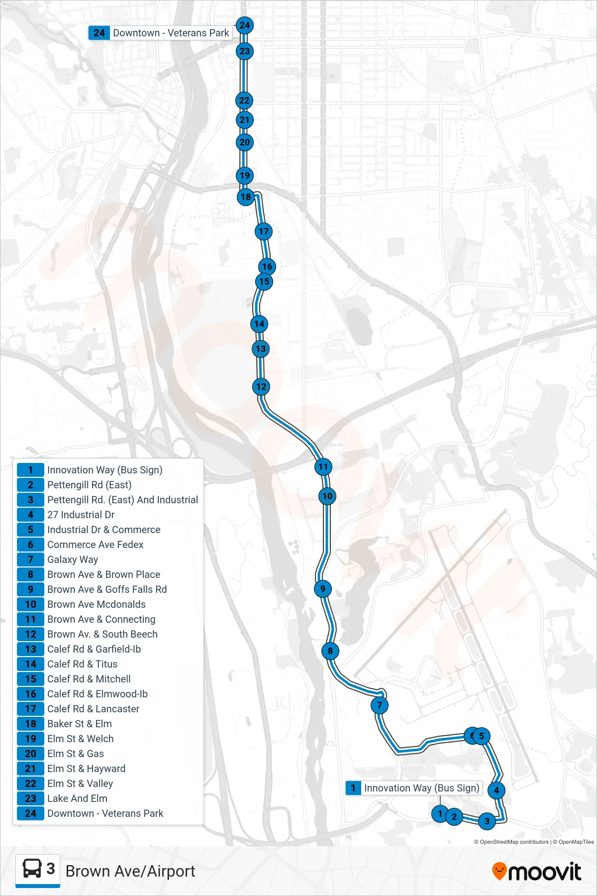 3 bus Line (Downtown Manchester Via Brown) route and stops on a map