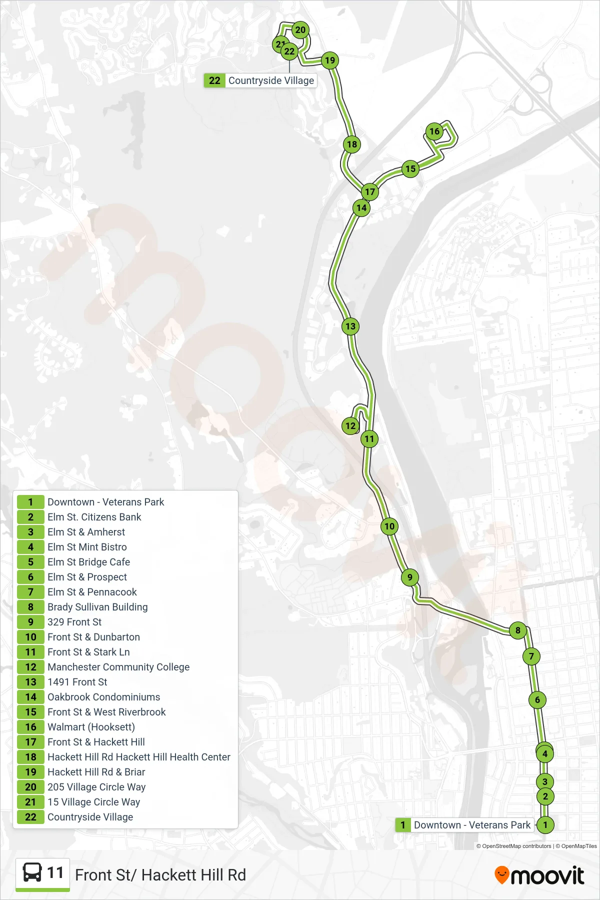 11 bus Line (Hackett Hill Rd Via Front St Mcc) route and stops on a map