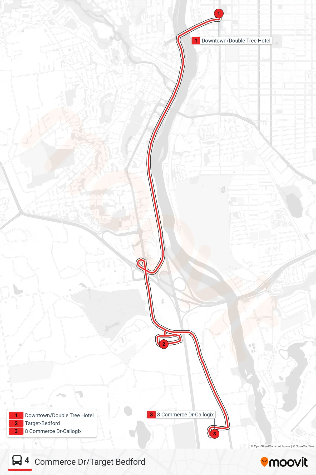 4 bus Line (Commerce Dr Via Target) route and stops on a map