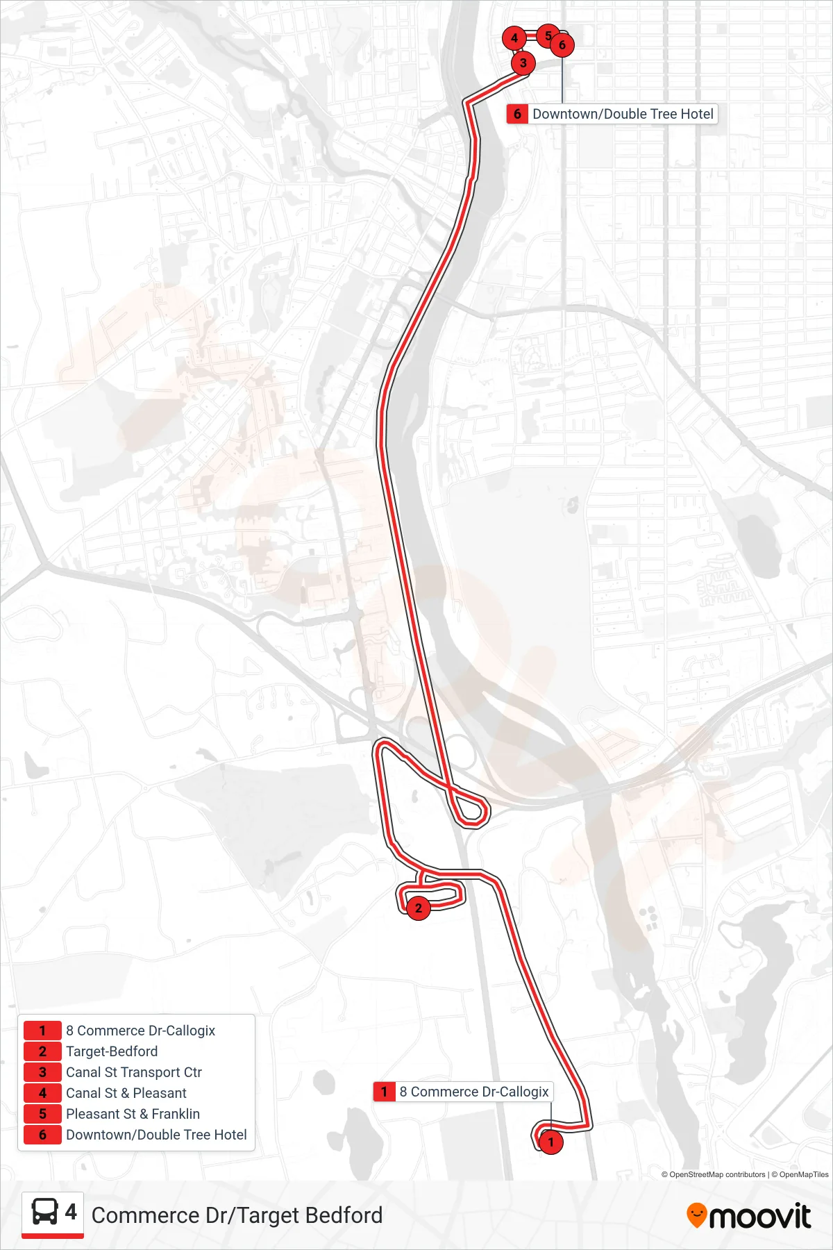 4 bus Line (Downtown Manchester Via S. River Rd) route and stops on a map