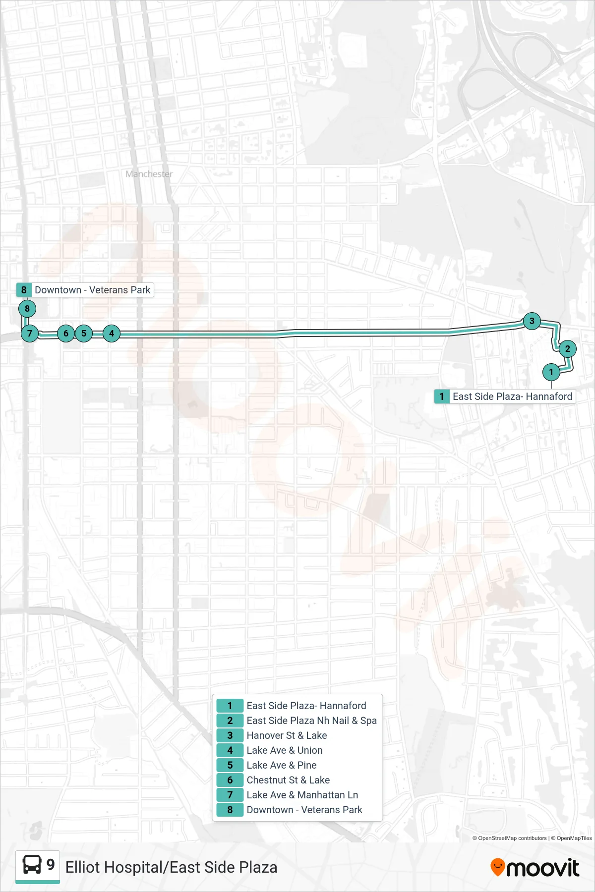 9 bus Line (Downtown Manchester Via Lake Ave) route and stops on a map