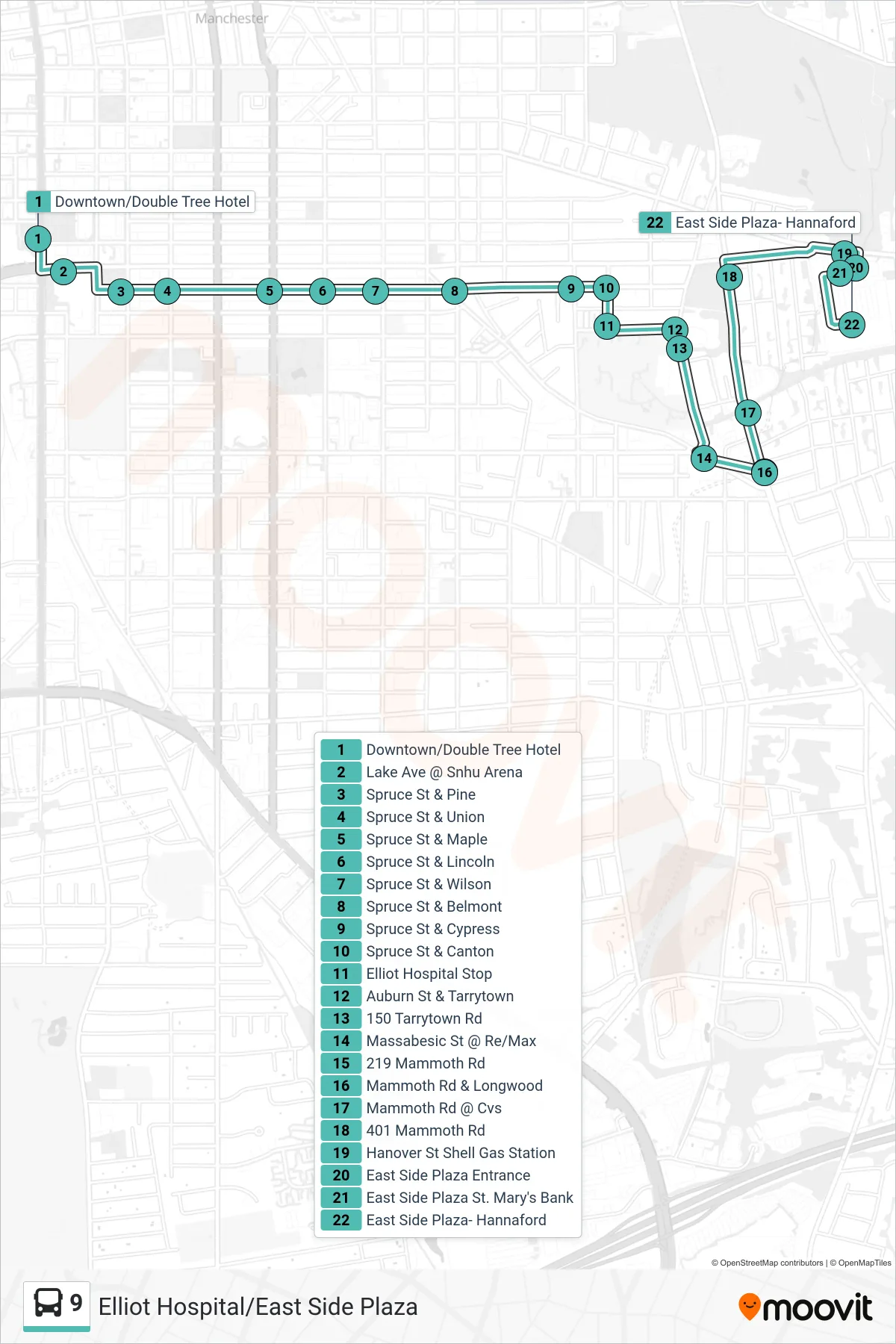 9 bus Line (East Side Plaza Via Elliot Hospital) route and stops on a map