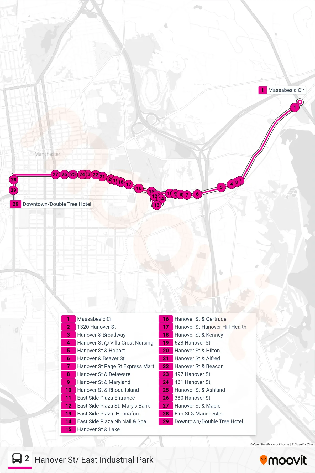 2 bus Line (Downtown Manchester Via Hanover) route and stops on a map