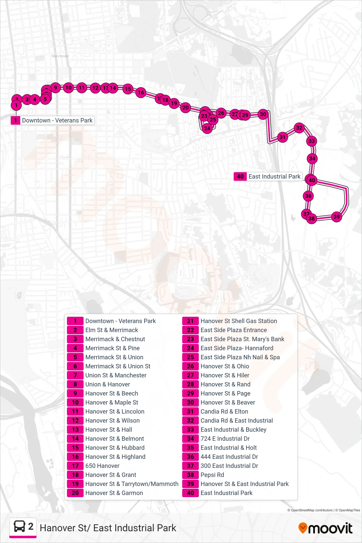 2 bus Line (Hanover St/E. Industrial Pk.) route and stops on a map
