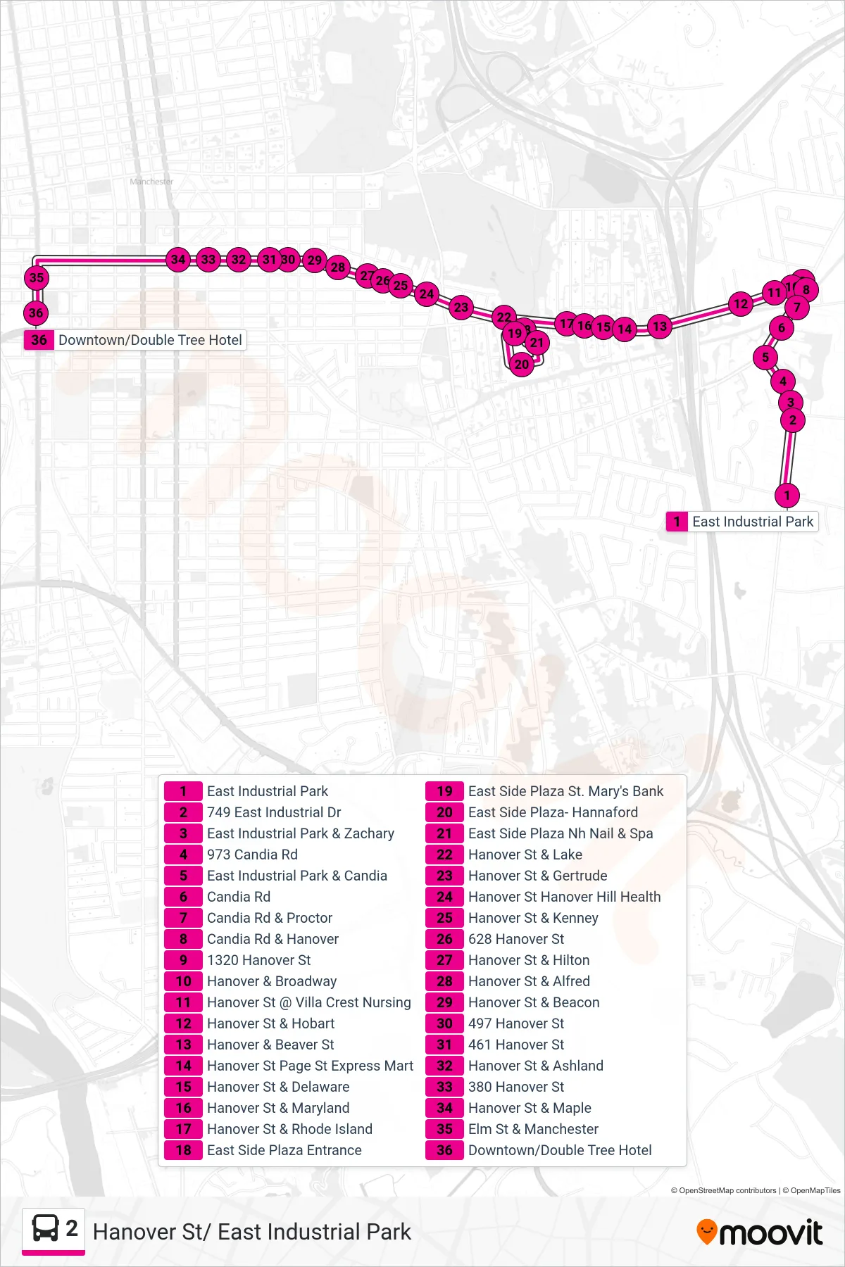 2 bus Line (Downtown Manchester Via Hanover St.) route and stops on a map