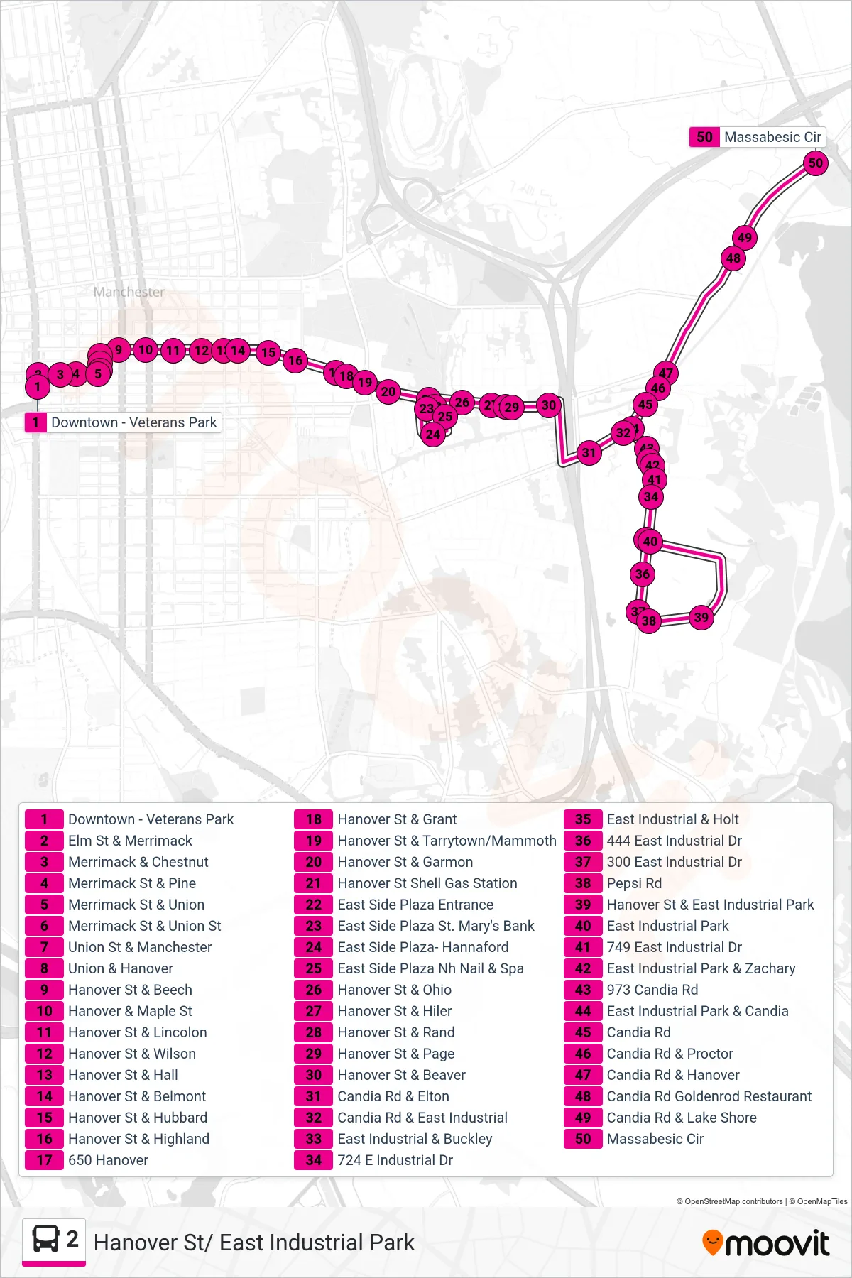 2 bus Line (E. Industrial Park Via Hanover) route and stops on a map