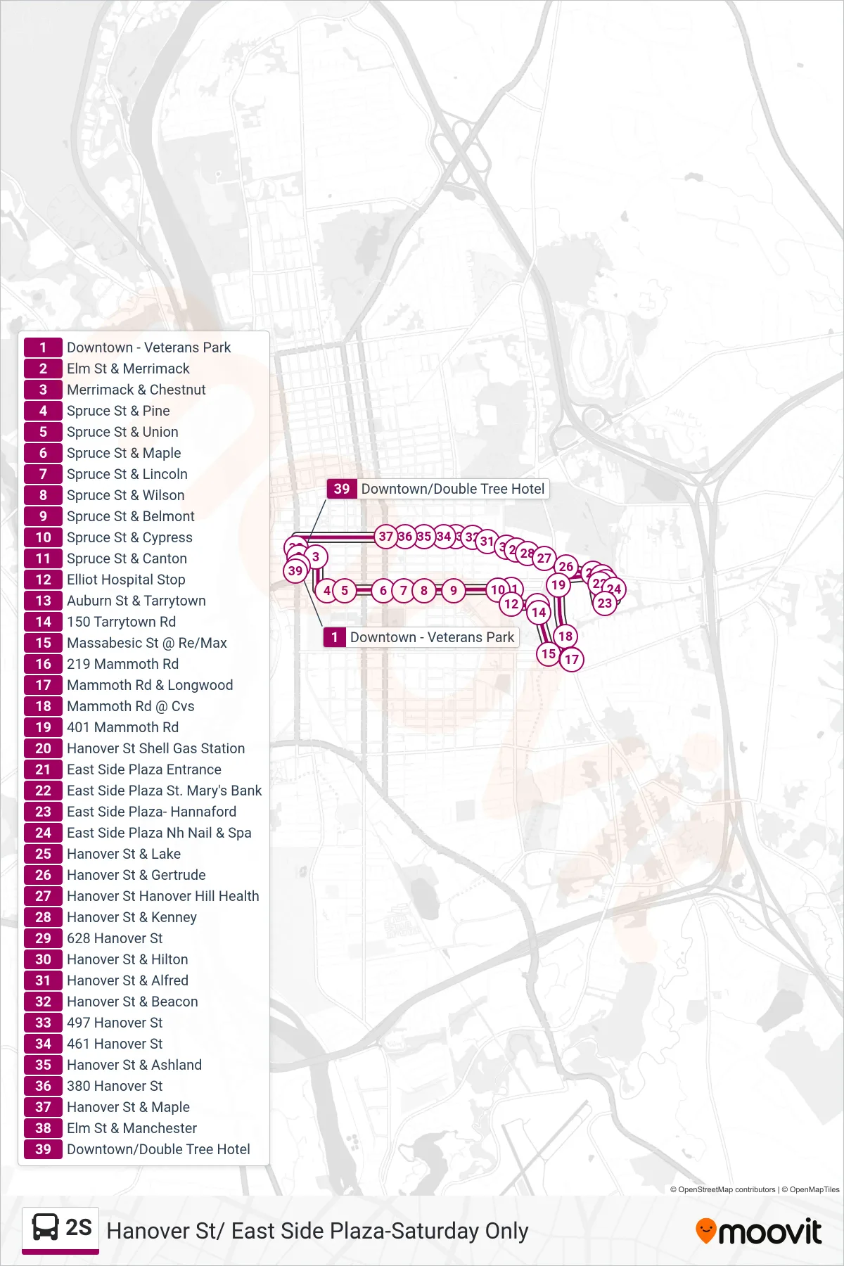 2S bus Line (E Side Plaza Via Hanover St) route and stops on a map