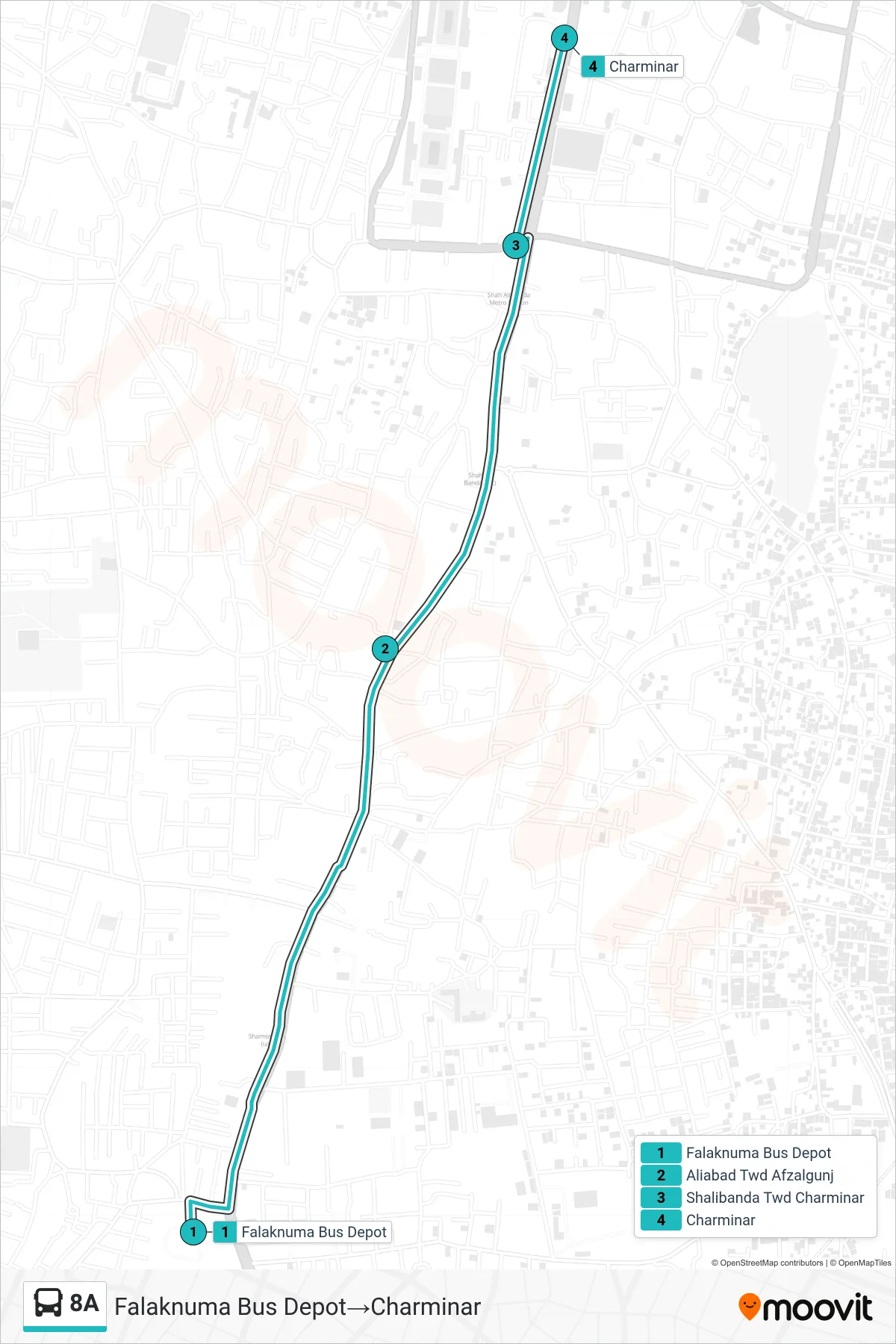 8A bus Line (Falaknuma Bus Depot→Charminar) route and stops on a map
