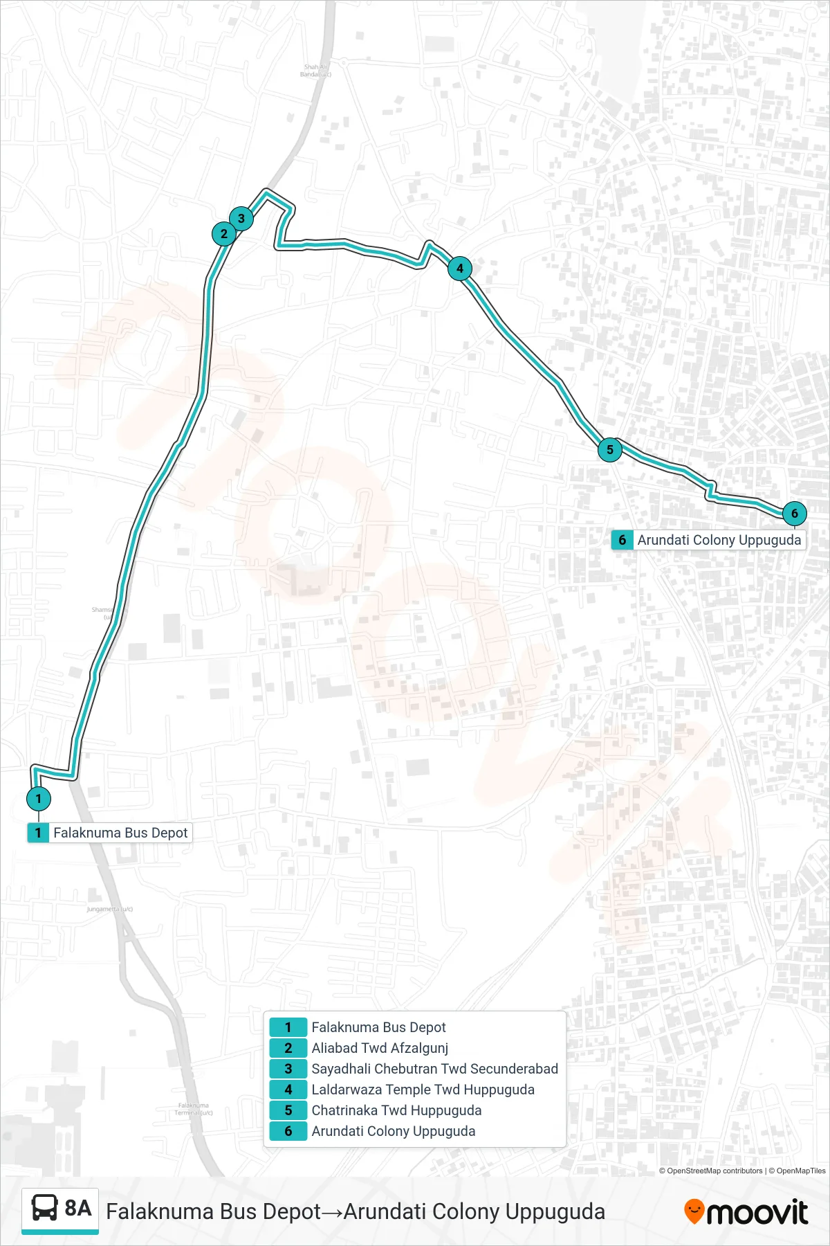 8A bus Line (Falaknuma Bus Depot→Arundati Colony Uppuguda) route and stops on a map