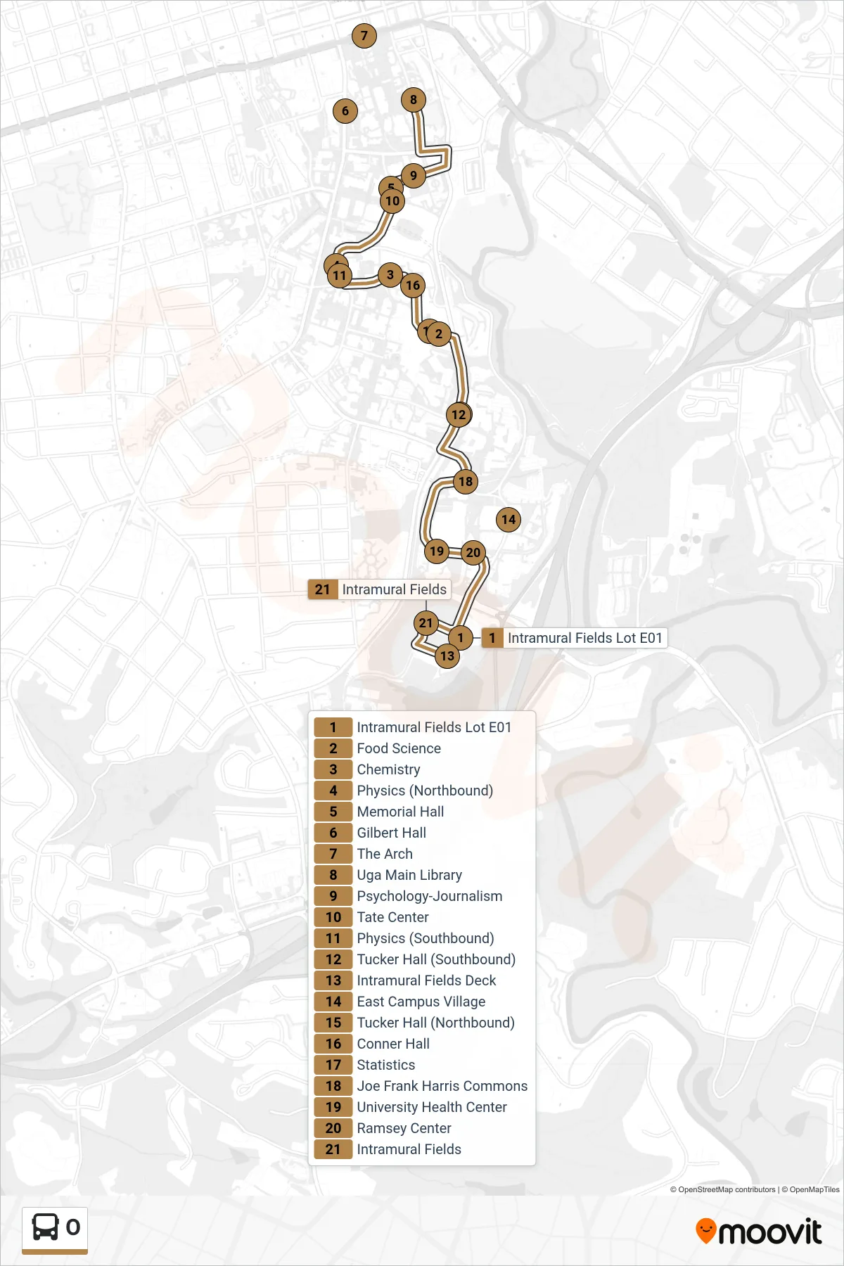 O bus Line route and stops on a map