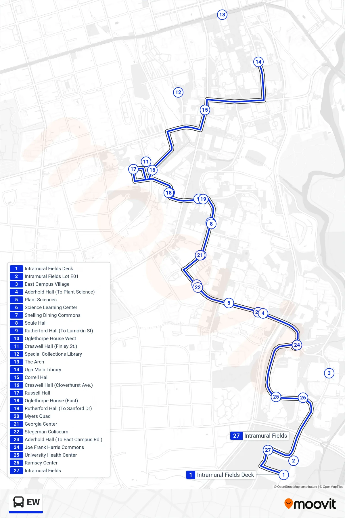 EW bus Line route and stops on a map