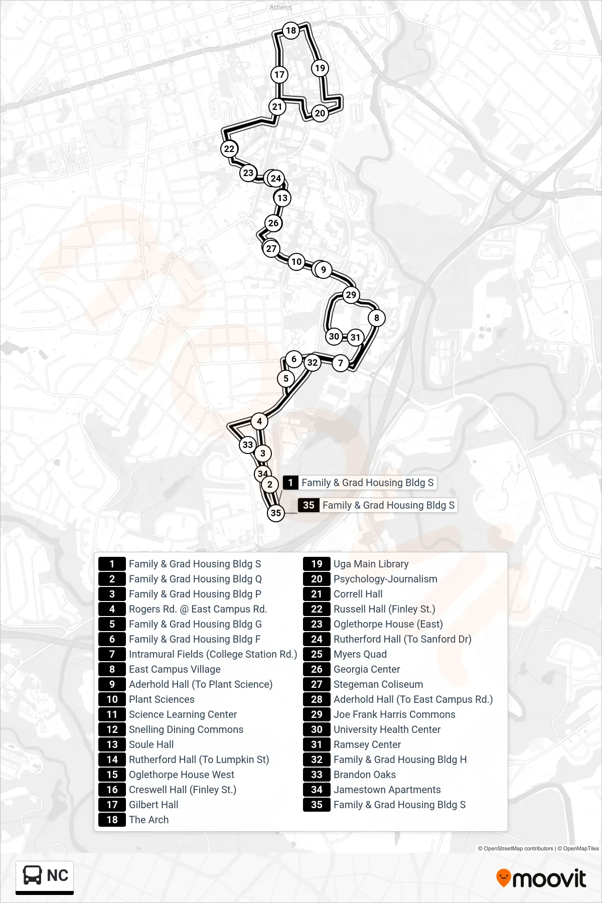 NC bus Line route and stops on a map