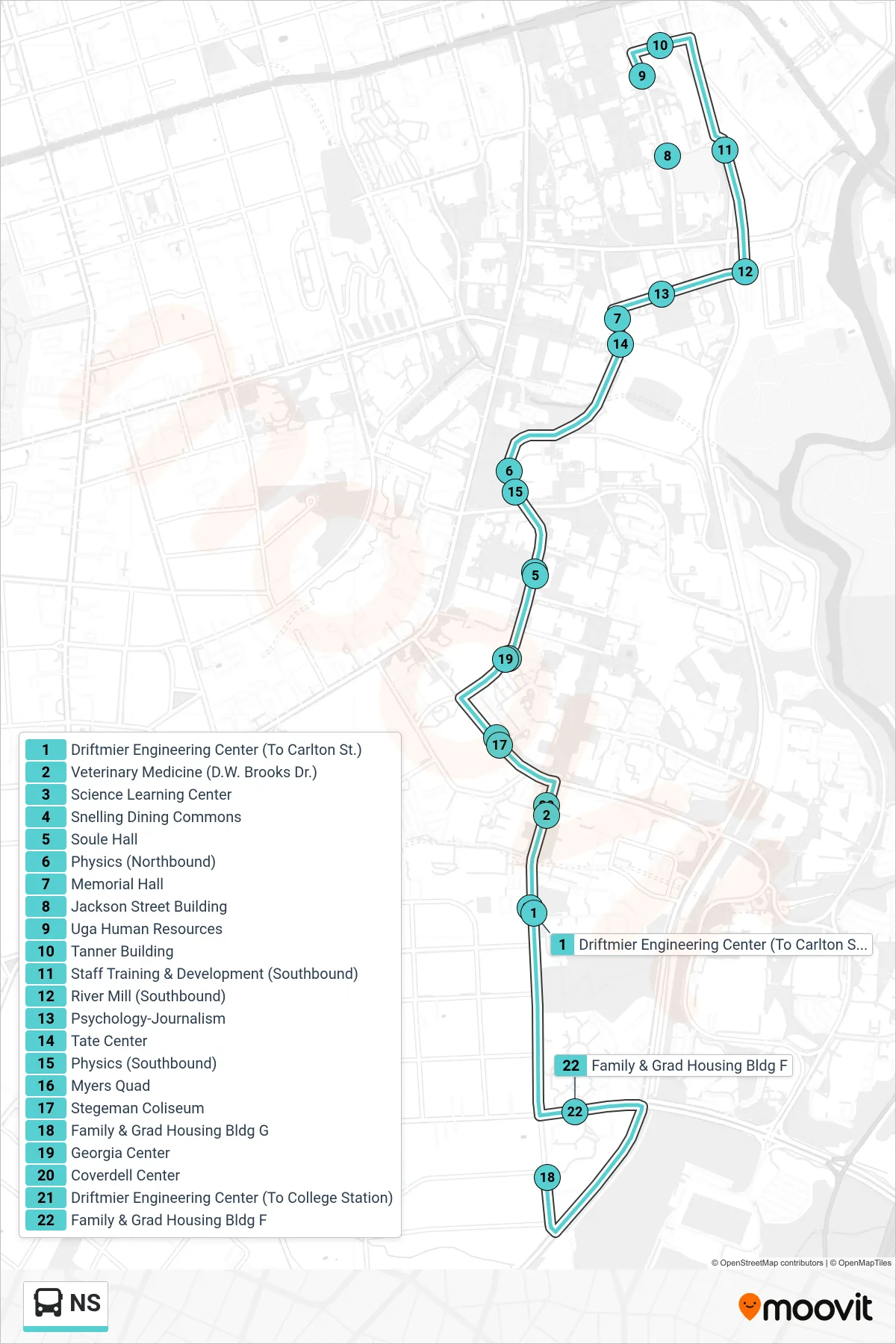 NS bus Line route and stops on a map