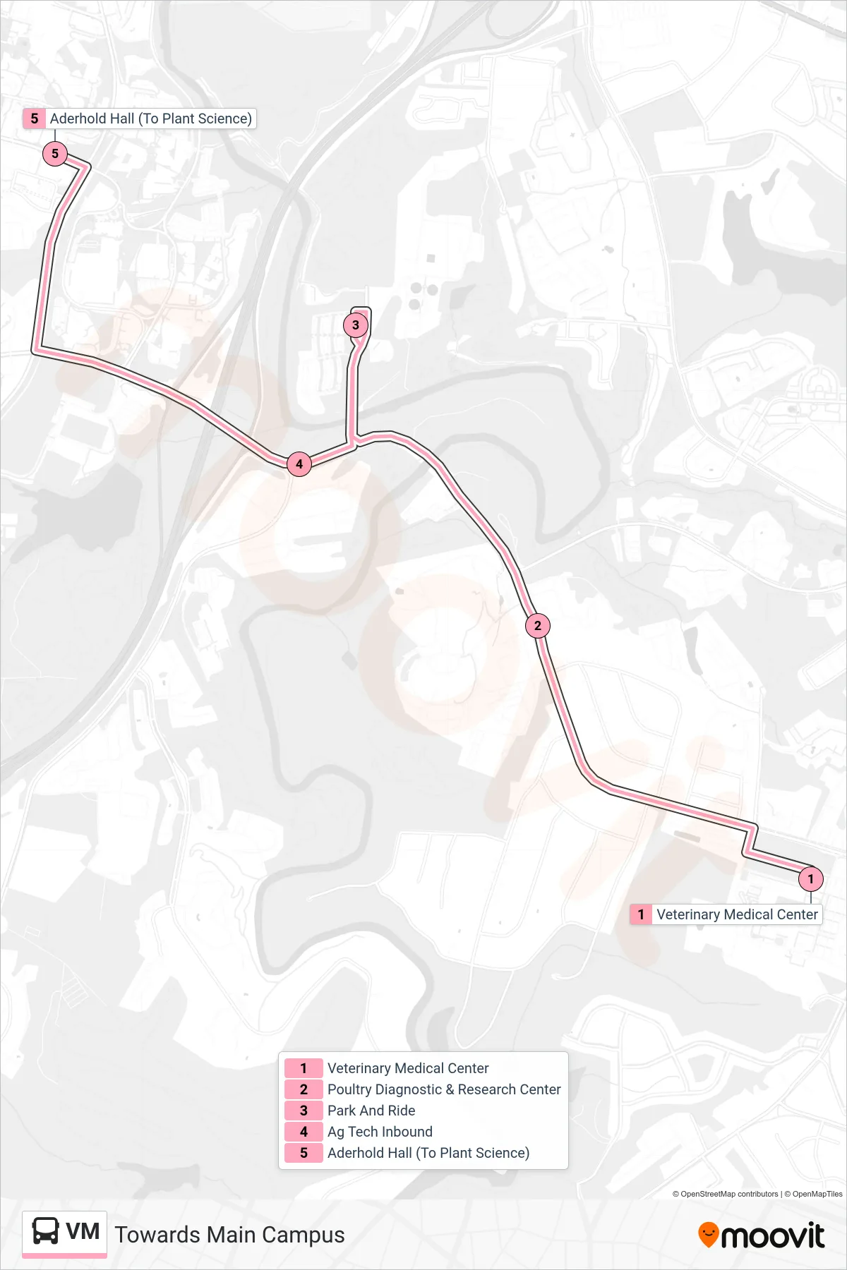 VM bus Line (Towards Main Campus) route and stops on a map