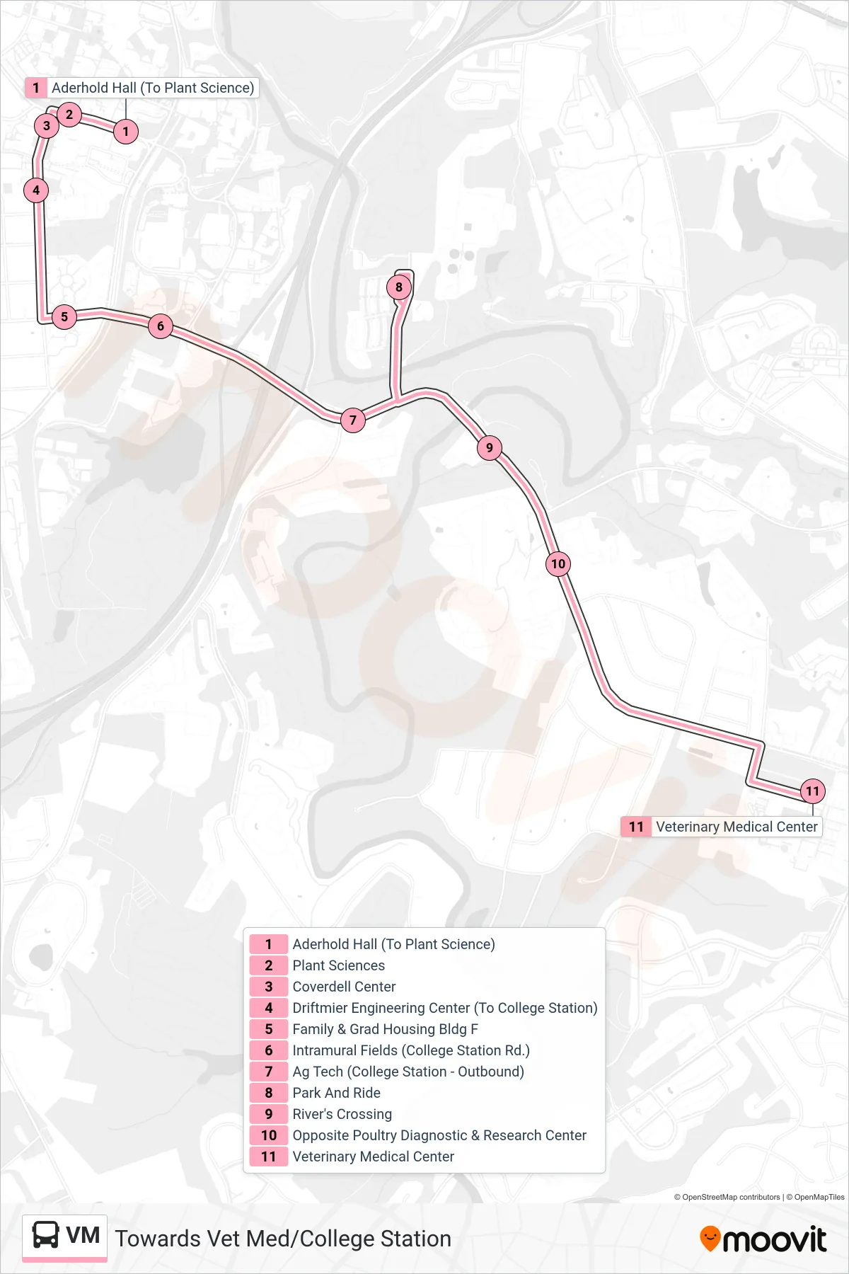 VM bus Line (Towards Vet Med/College Station) route and stops on a map