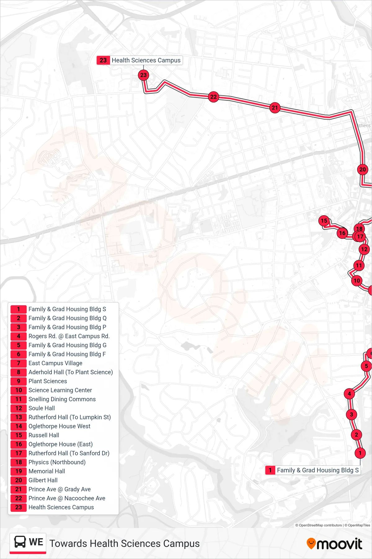 WE bus Line (Towards Health Sciences Campus) route and stops on a map
