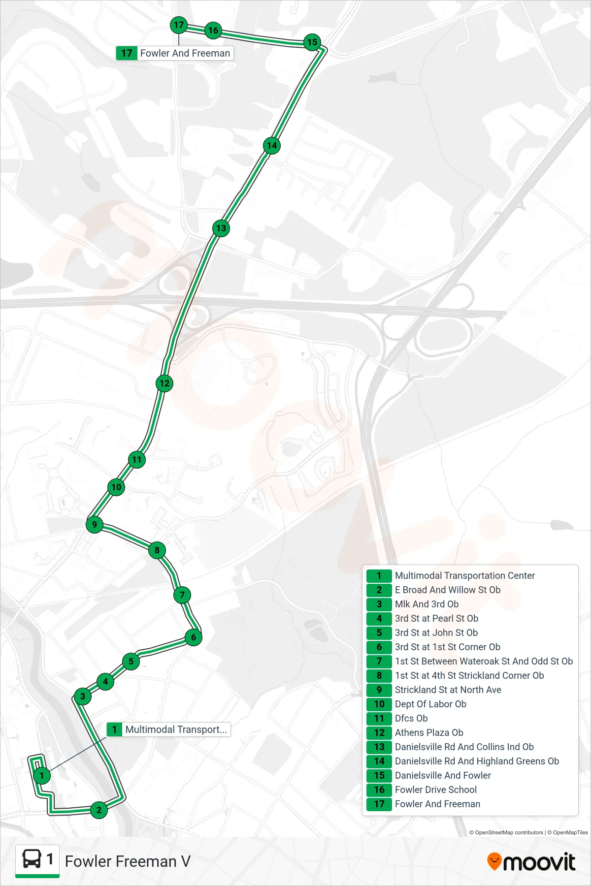 1 bus Line (Fowler Freeman V) route and stops on a map