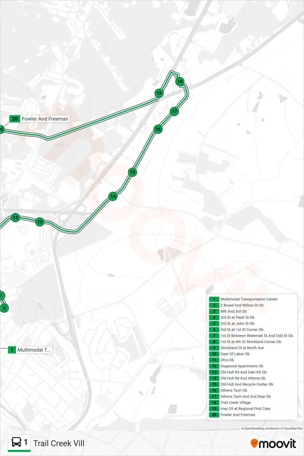1 bus Line (Trail Creek Vill) route and stops on a map
