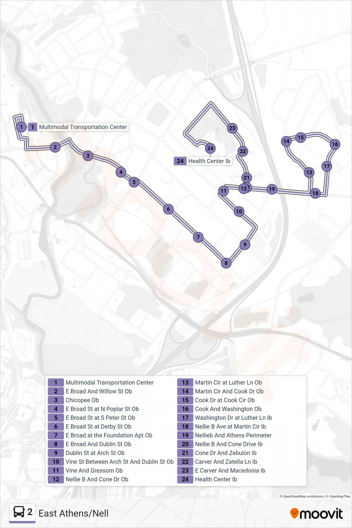 2 bus Line (East Athens/Nell) route and stops on a map