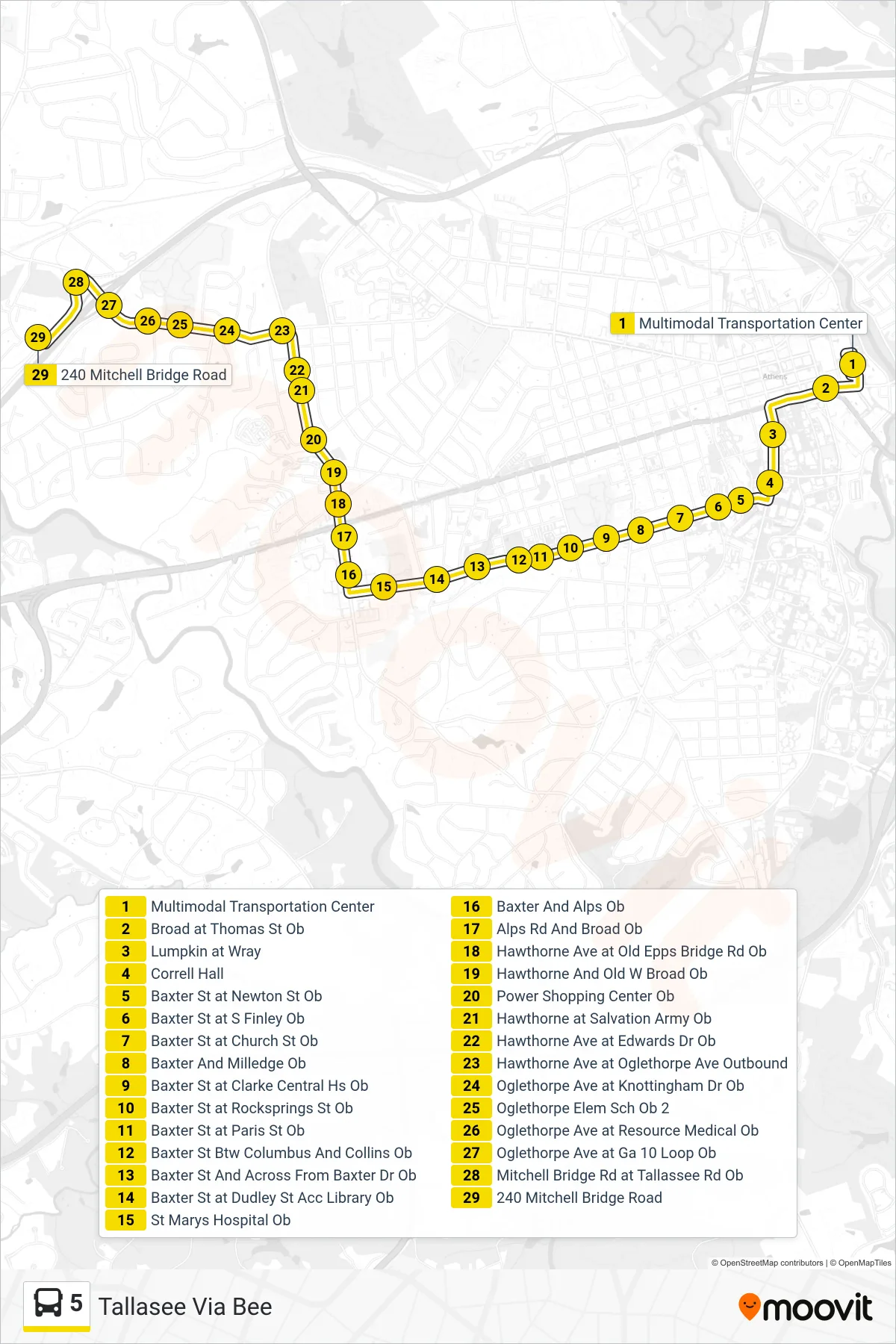 5 bus Line (Tallasee Via Bee) route and stops on a map