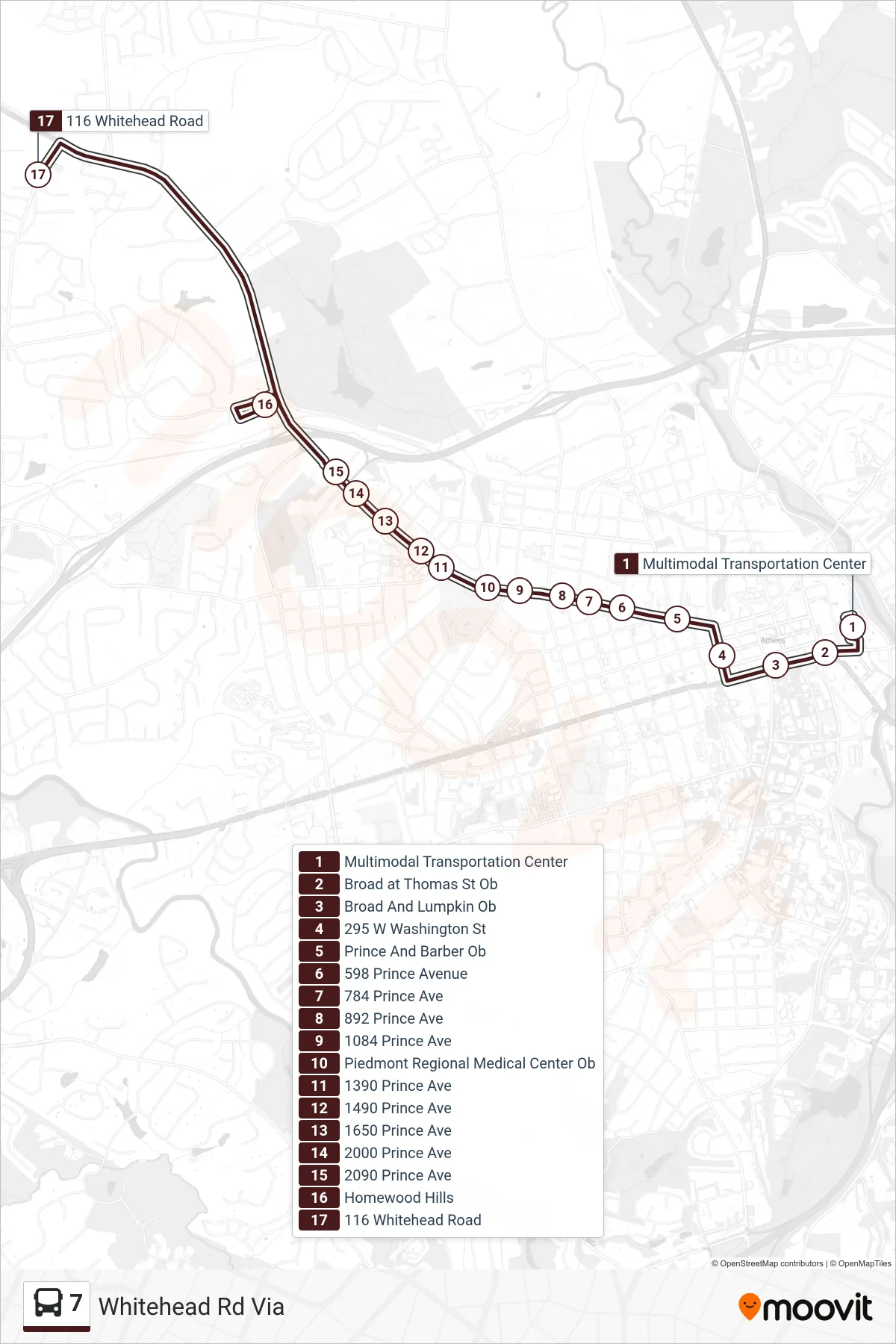 7 bus Line (Whitehead Rd Via) route and stops on a map